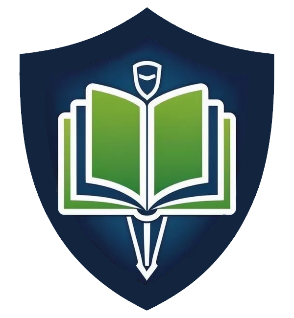 Sentinel Shield Logo, featuring a stylized open book with green pages and a sword pointing downward.