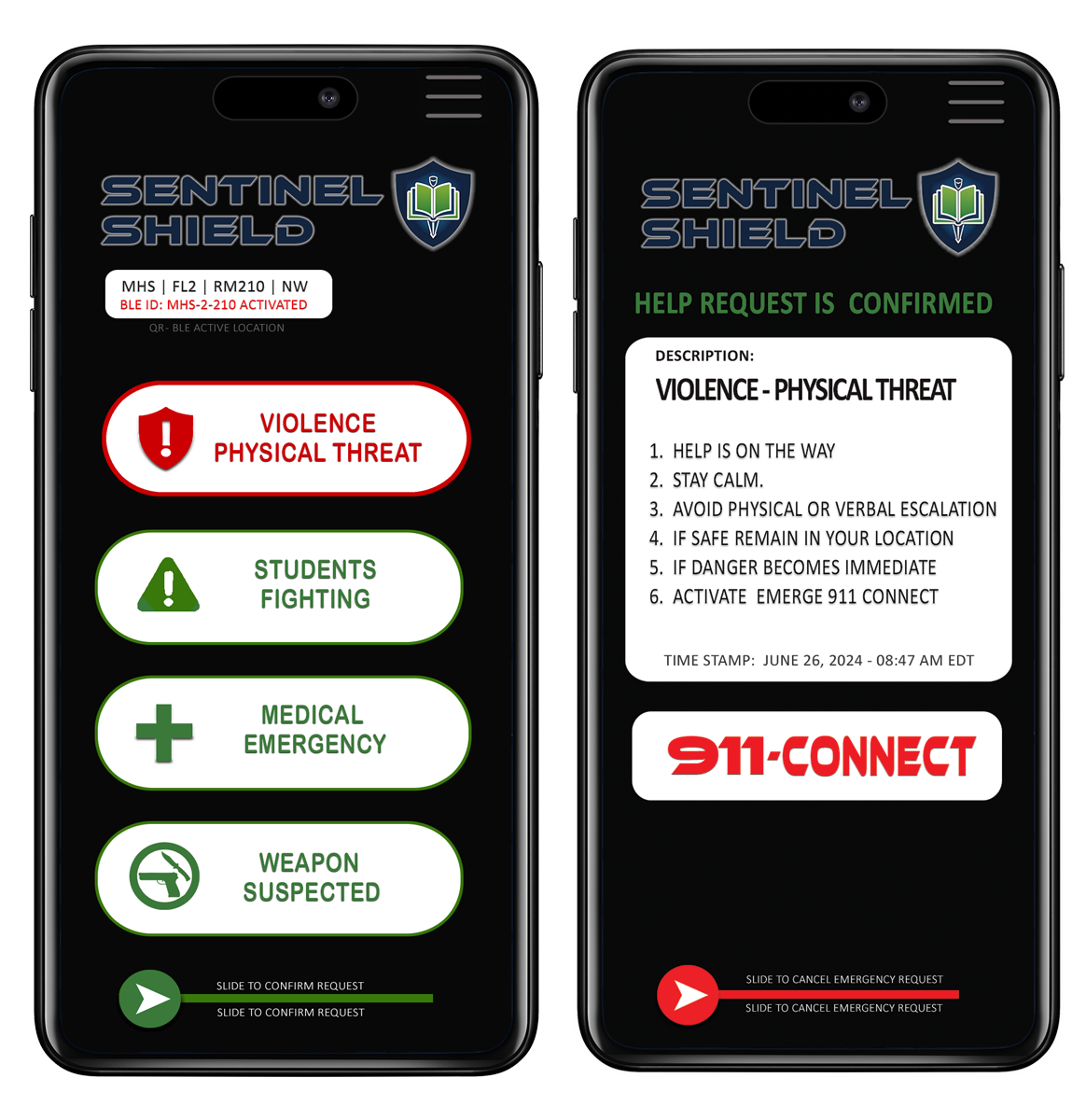 Two smartphones displaying Sentinel Shield emergency response app screens. The left screen shows alerts for violence, students fighting, medical emergency, and weapon suspected. The right screen confirms help request with instructions for handling a physical threat, and a red emergency button for 911 connect.