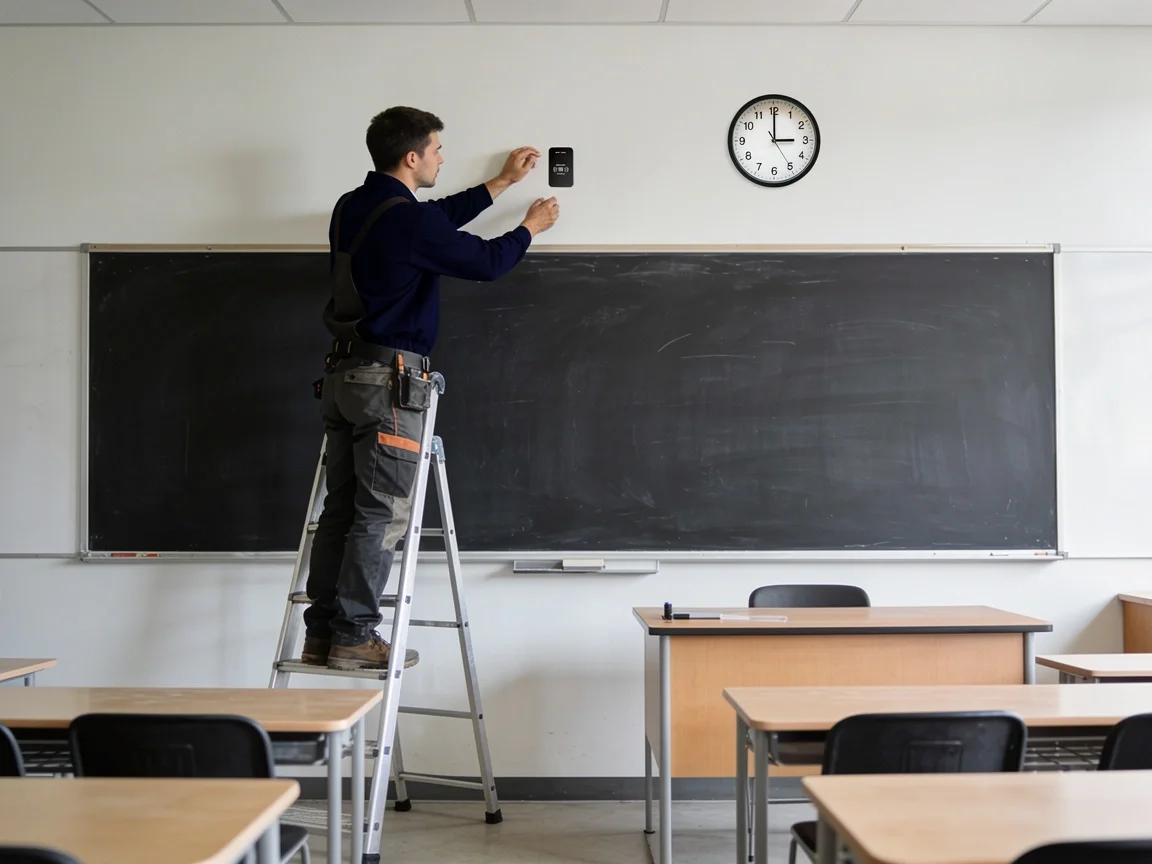 A man standing on a ladder in a classroom, taking down a blackboard with a smartphone. The classroom has a clock showing 3:00 and empty desks.