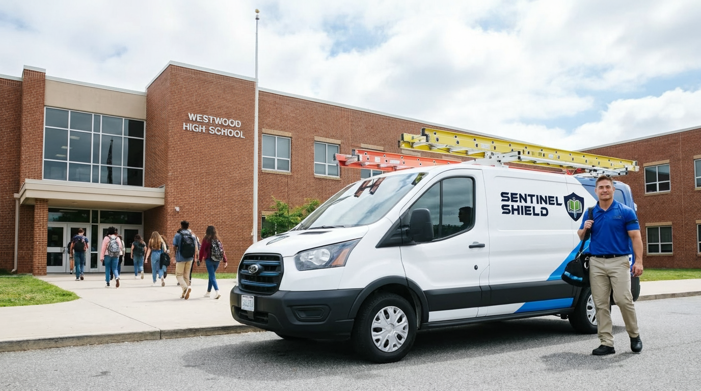 Students entering Westwood High School with a Sentinel Shield security vehicle parked outside, and a security guard standing nearby.