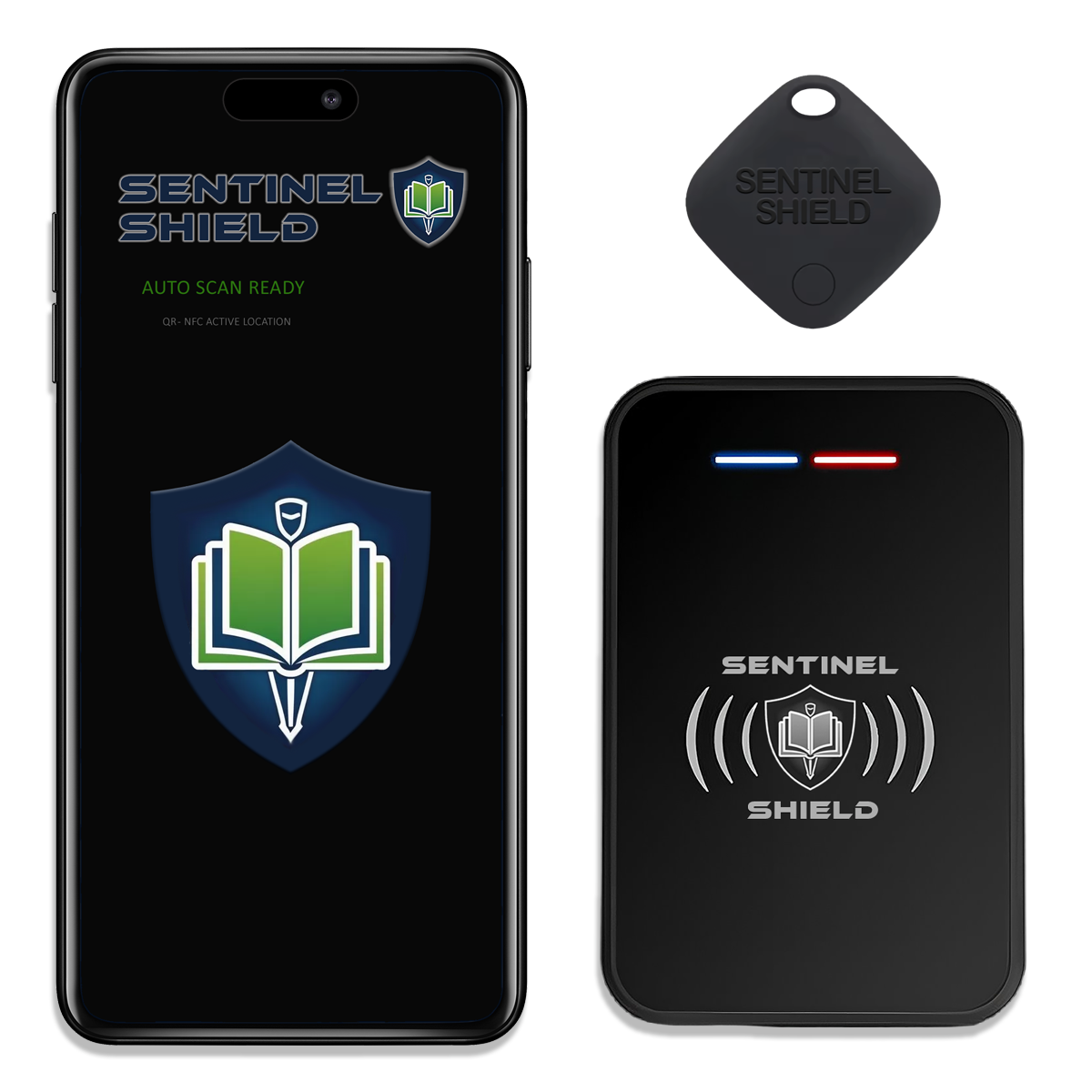 A cell phone displaying a security app called Sentinel Shield with a shield logo, a black RFID security tag, a wireless detector with red and blue lights, and an RFID tag for vehicle or asset security.