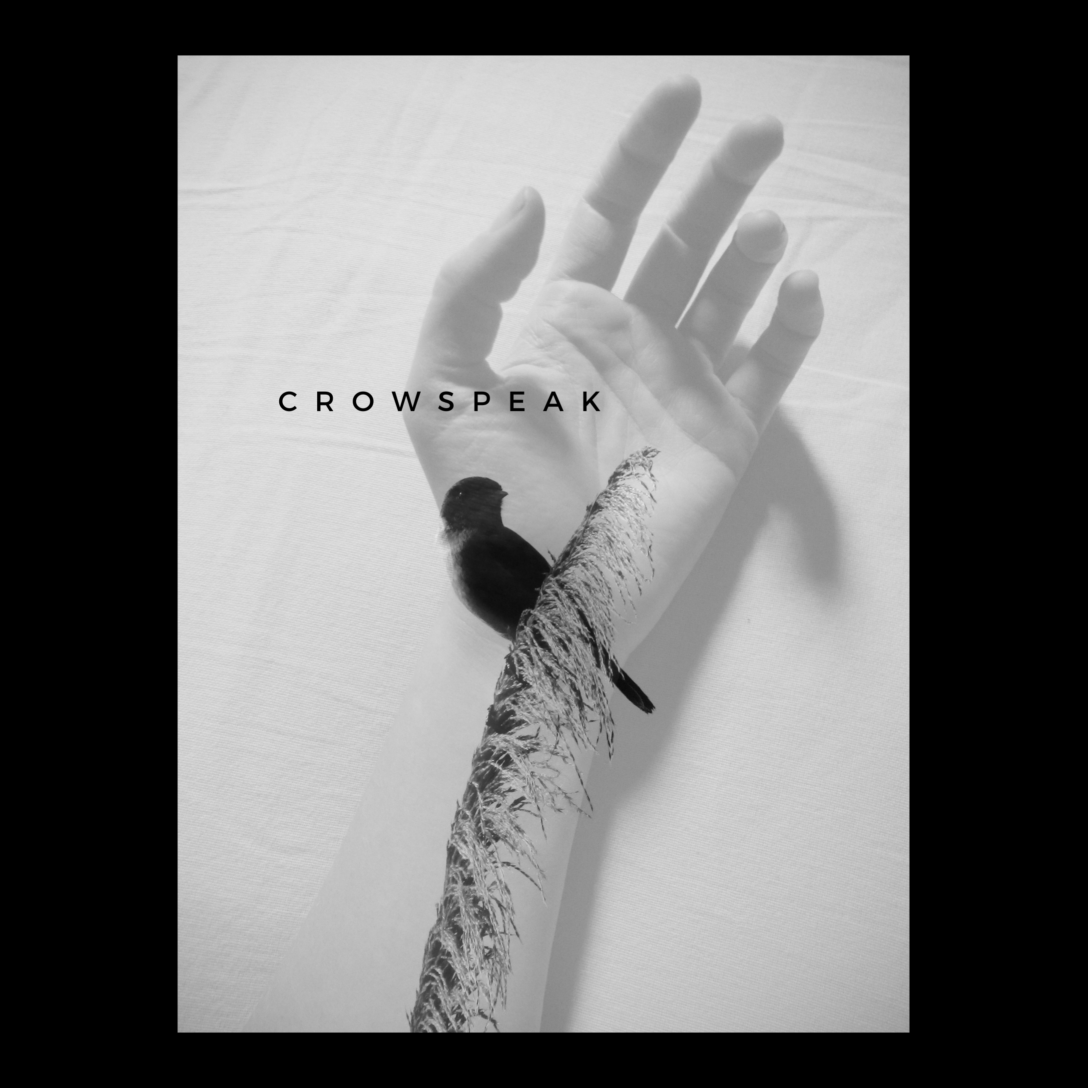 Black and white servants of flesh EP cover featuring a sketch of a crow on a hand, with the word "crowspeak" in the centre.