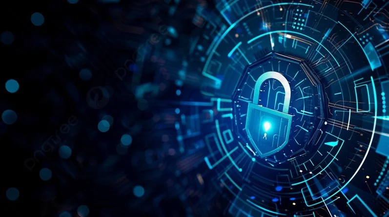 Digital illustration of a padlock inside a circular digital interface with glowing blue lines and patterns, symbolizing cybersecurity or data protection.