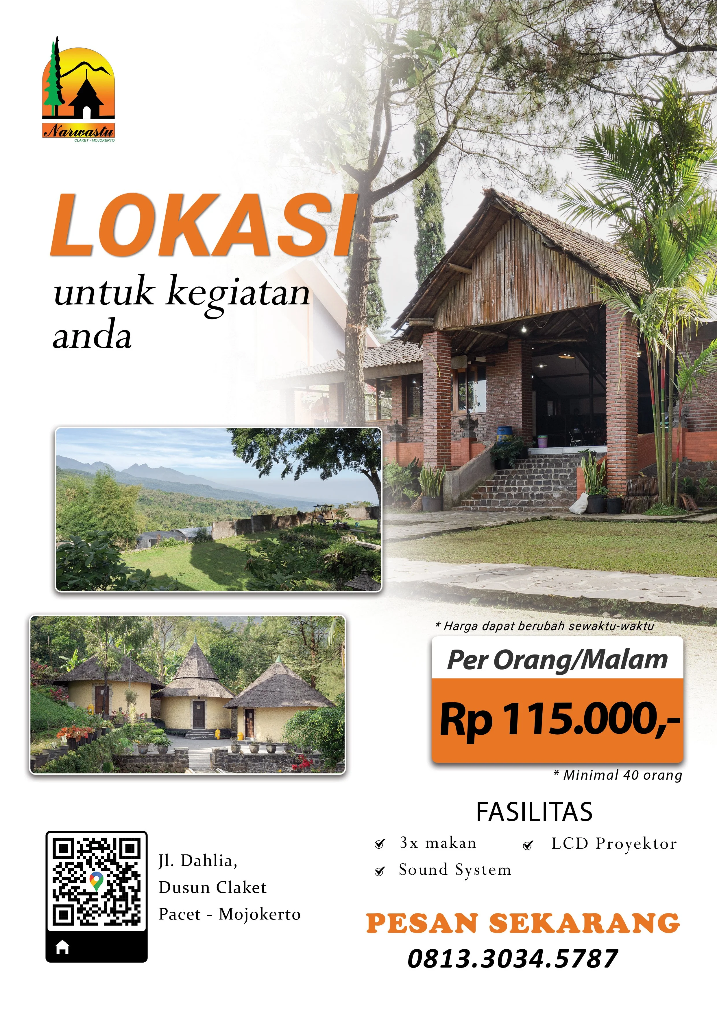 Harga Vila Narwastu di Pacet, Mojokerto untuk retreat, LDKS, team building, gathering. Vila nyaman, luas, dan fasilitas lengkap