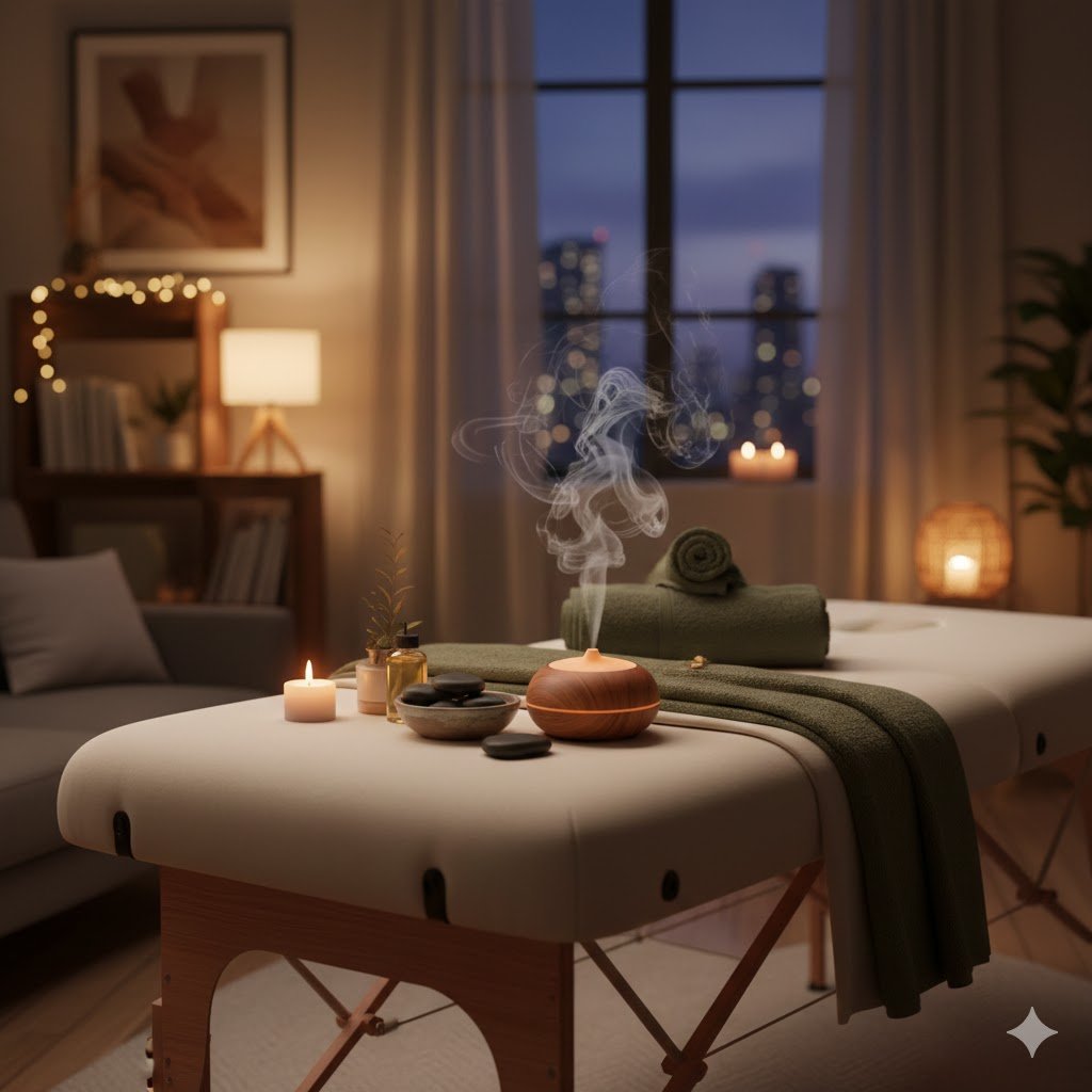 A cozy massage room with a massage table, candles, a bowl with stones, and an essential oil diffuser emitting steam. The room is softly lit with warm lighting, and a window reveals a cityscape at night.