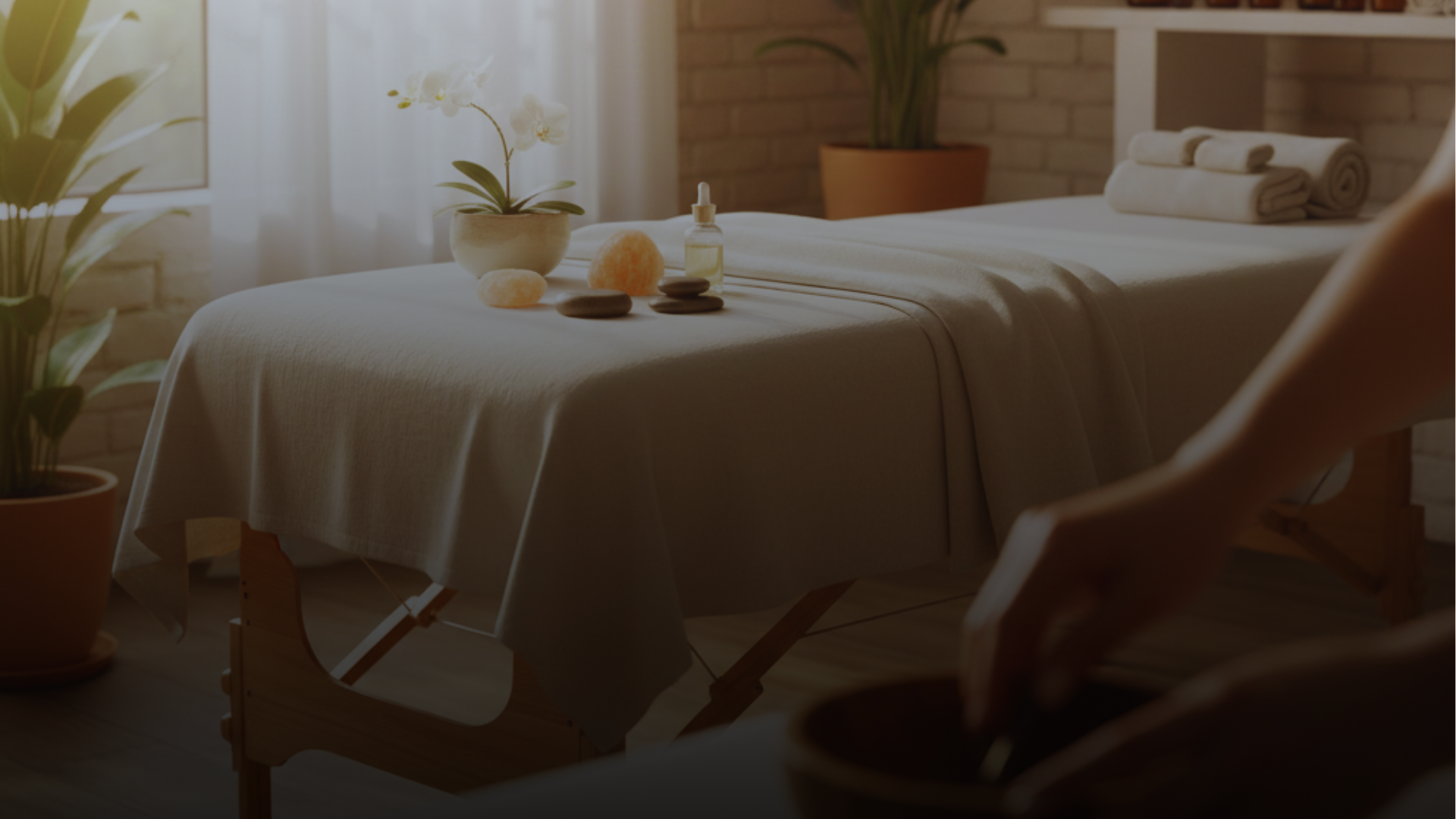Therapeutic massage table in a serene, sunlit wellness studio at R.K. Holistic, featuring Himalayan salt stones and natural decor