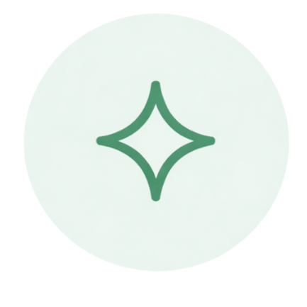 A green star-shaped sparkle icon on a white circular background.