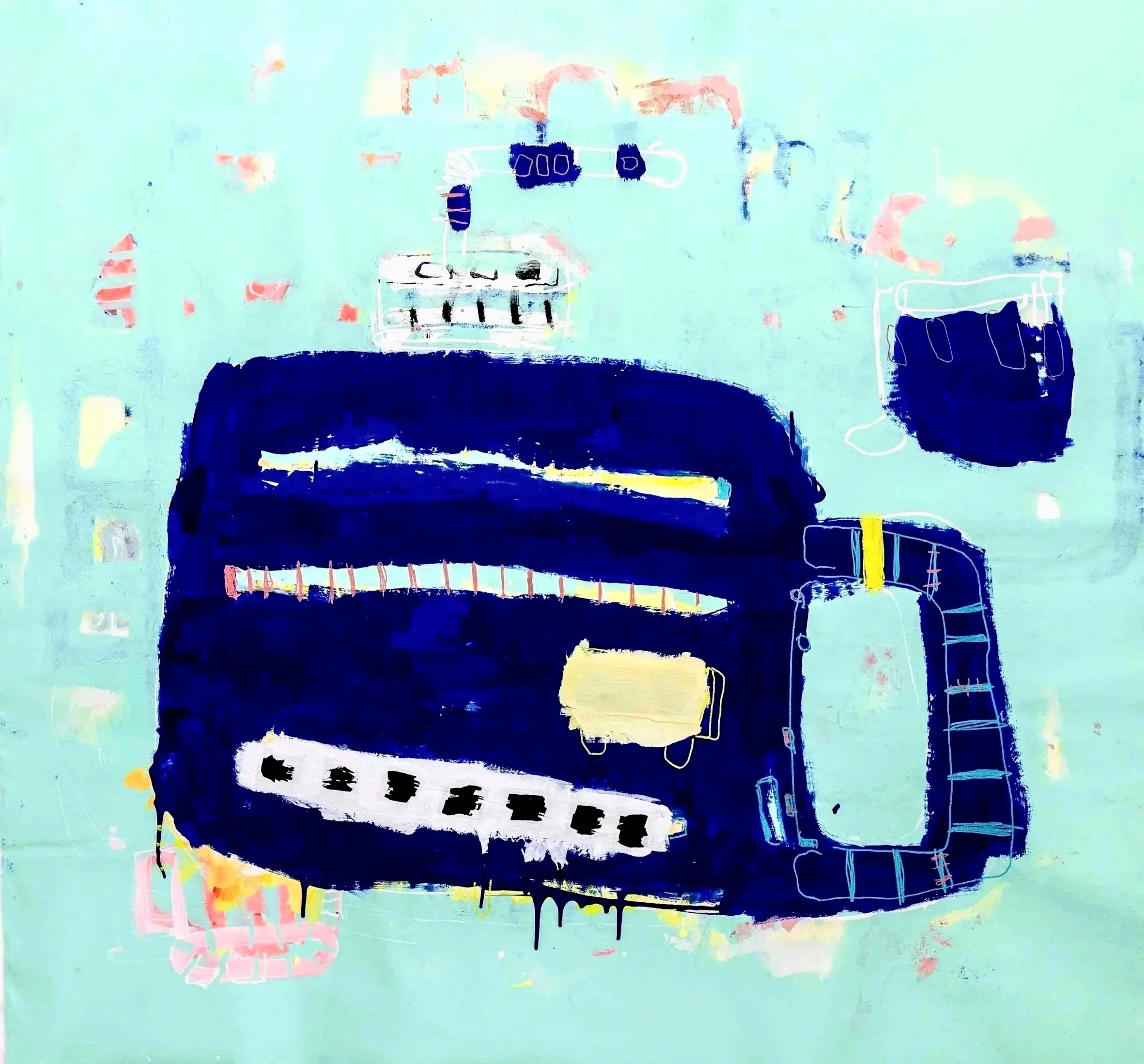 Noisy Milkshake (2025). A study in agitation and ease. Acrylic, Ink, and Oil Pastel on Canvas. 40x40 in.