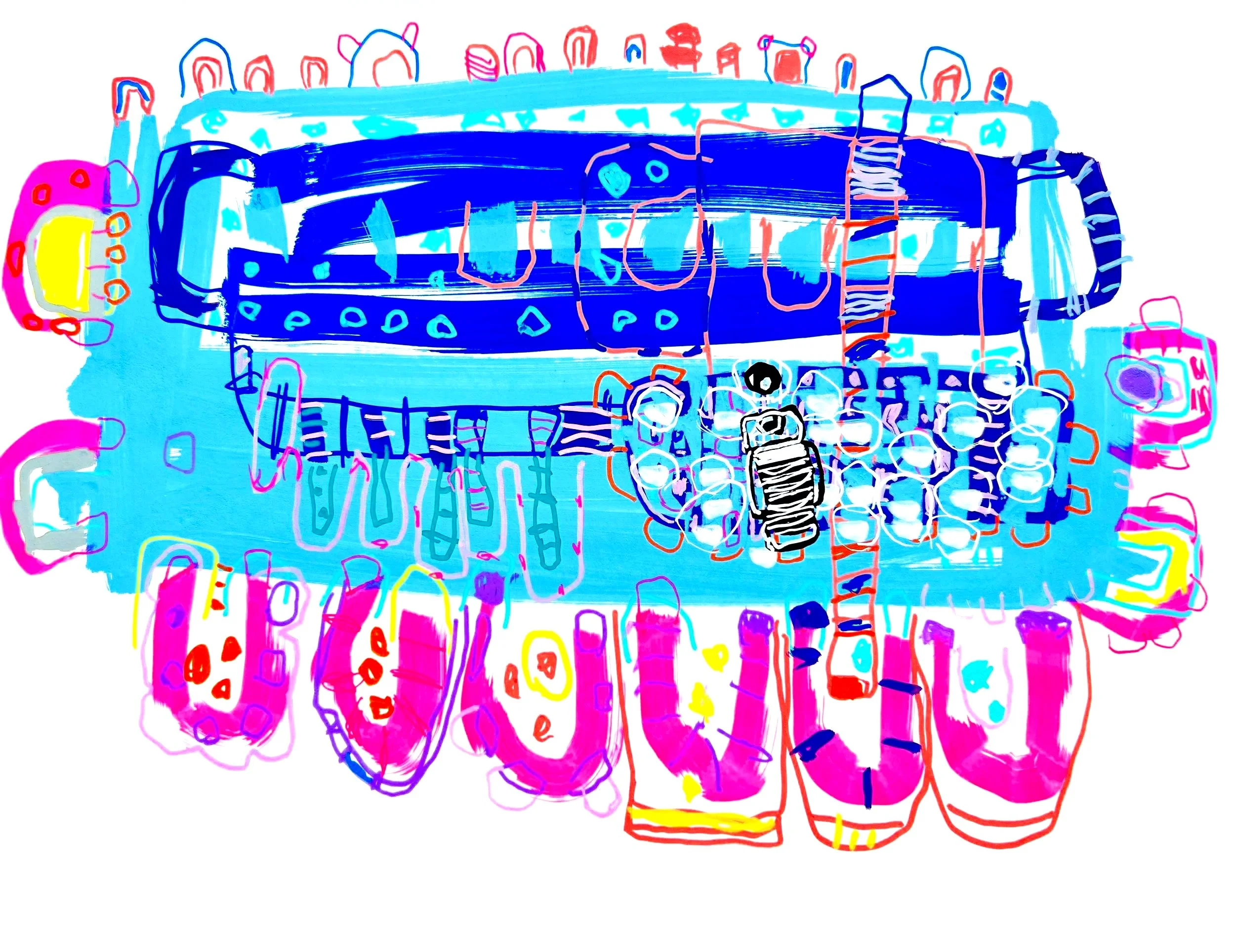 Pool with Pink Diving Boards (2025).
Presence before the jump.
Acrylic Pens on Fine Art Paper 
11x14 in.