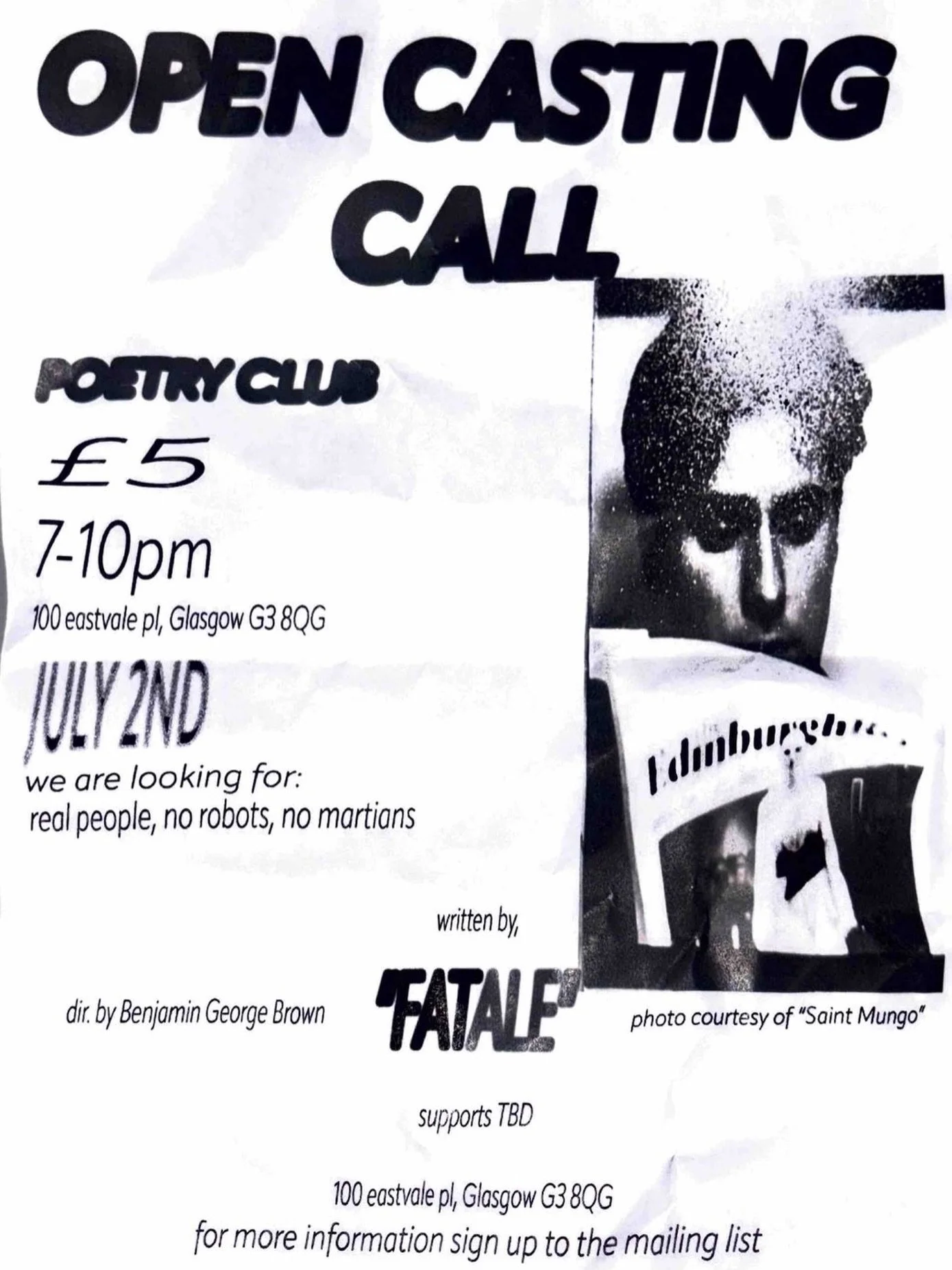 ✪ POETRY CLUB HEADLINE ✪

St Mungo is on his way.

We&rsquo;re back.

@t1gha @bbenrobbertson poster boys

★ &pound;5 TICKETS ON SALE WEDNESDAY ★