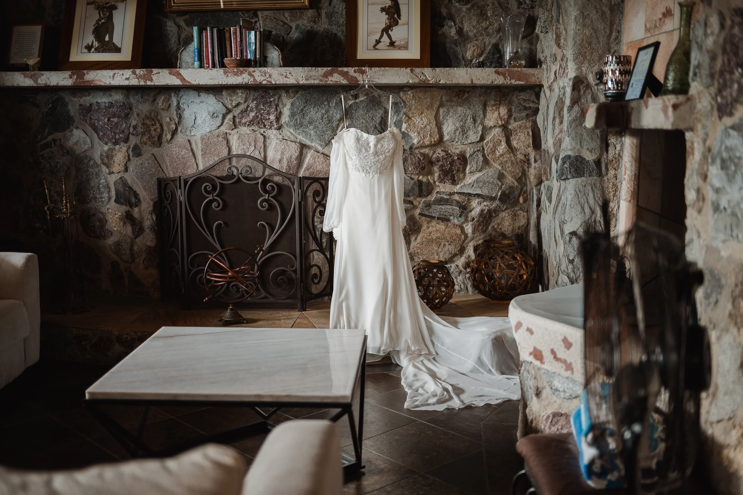 Wedding dress with the Puntas Stone Village backdrop