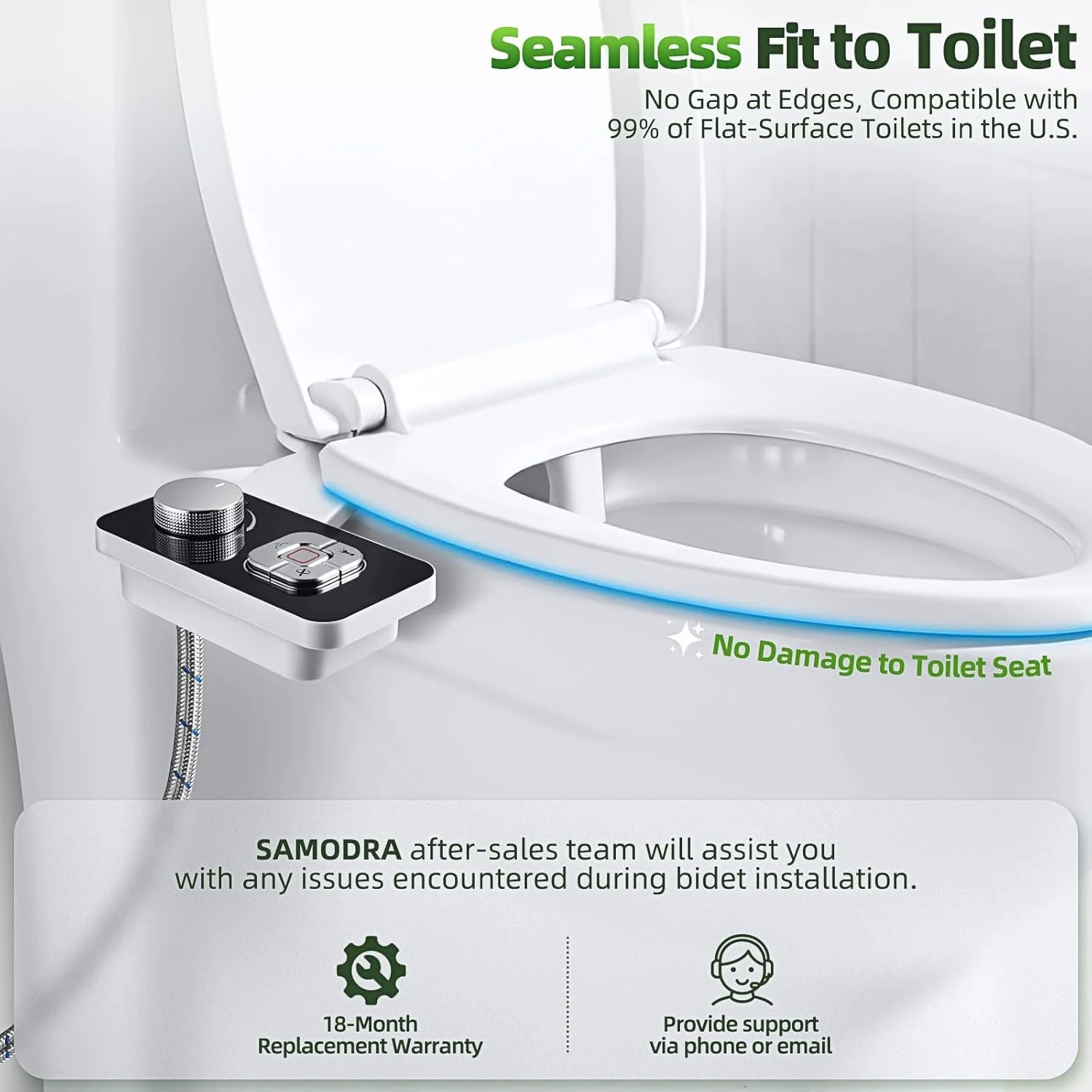 SAMODRA Bidet Attachment, Non-Electric Cold Water Bidet Toilet Seat Attachment with Pressure Controls, Retractable Self-Cleaning Dual Nozzles for Frontal & Rear Wash - Black