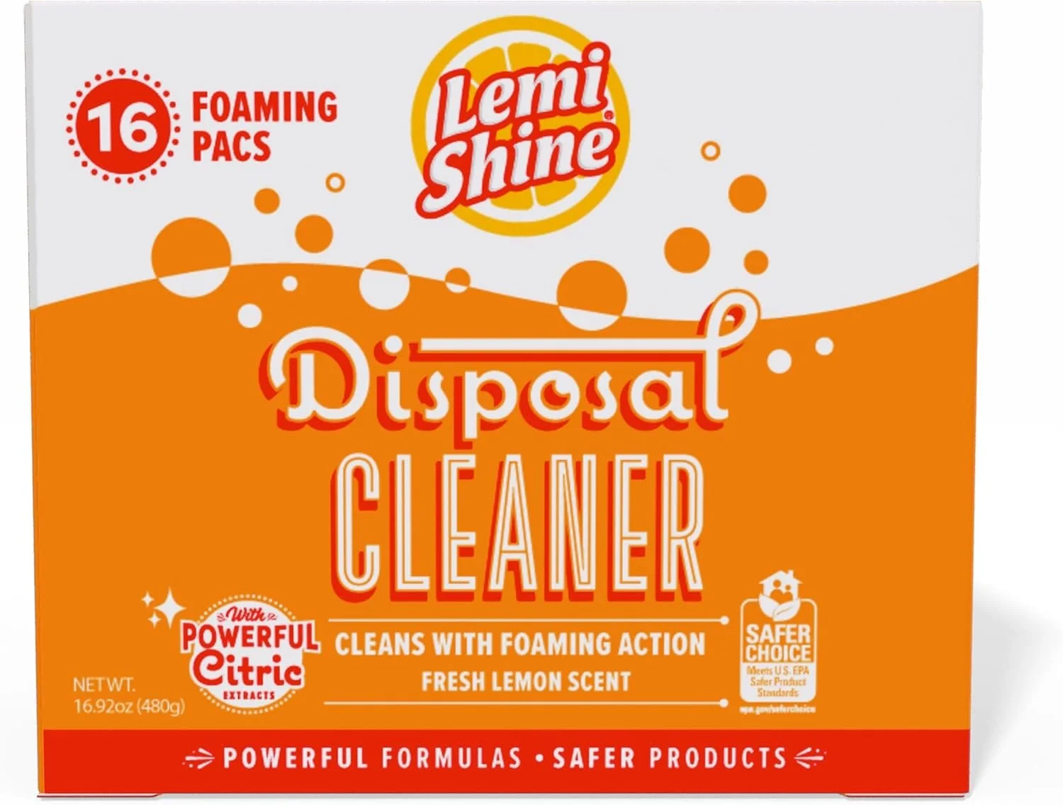Lemi Shine Foaming Garbage Disposal Cleaner and Deodorizer - Citric Acid Cleaning Powder - Fresh Lemon Scent - 16.92 oz (16 Pack)