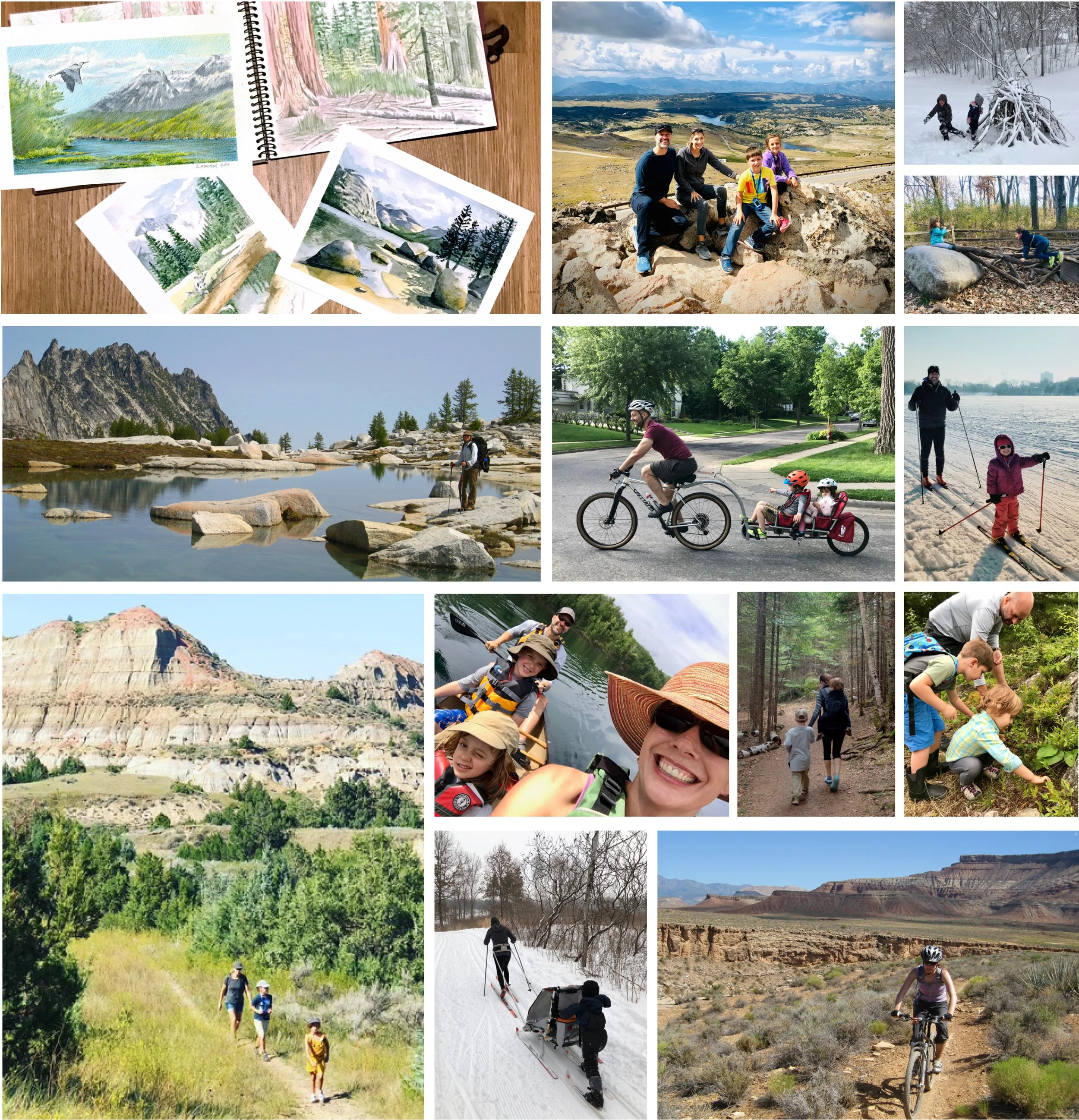 A collage of photos depicting outdoor activities in nature, including hiking, biking, kayaking, skiing, exploring canyons, and children playing in snow and forests.