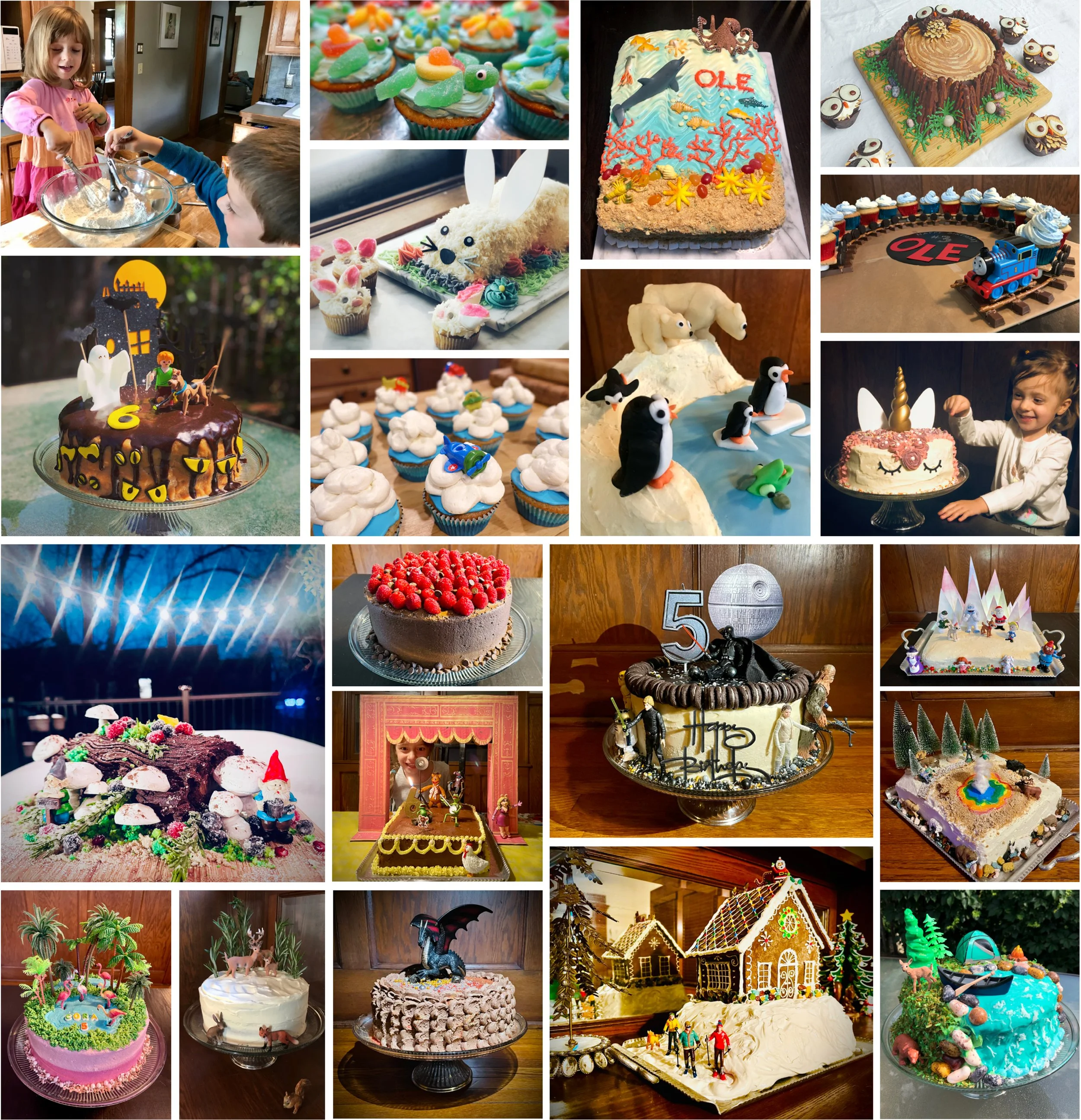 Compilation of various decorated cakes and cupcakes with themes including ocean, animals, holidays, movie characters, and children's toys, at a birthday celebration.