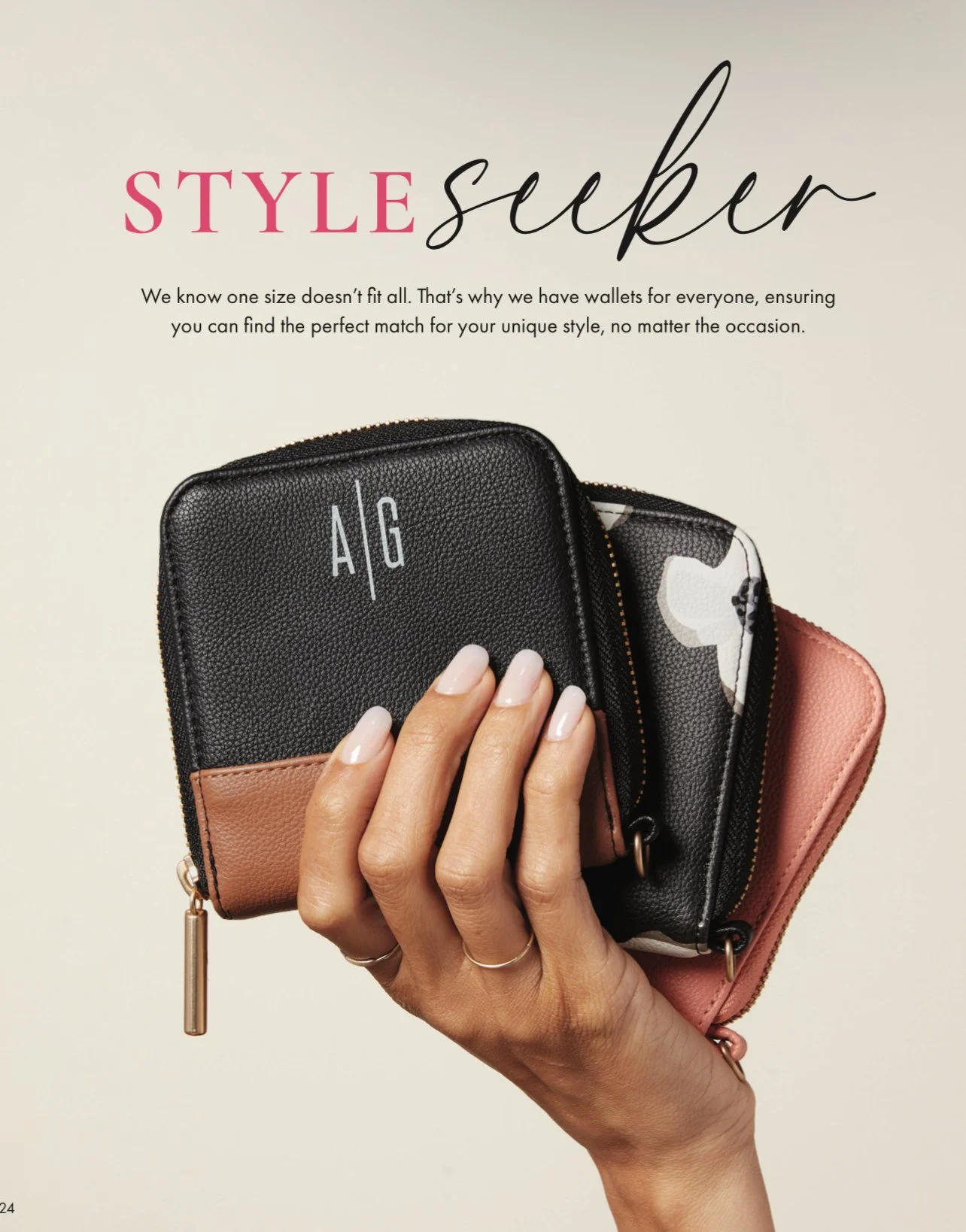 MelRo's hand holding three small wallets, one black with monogram initials, one floral, and one pink, against a light background with text promoting style and wallets.