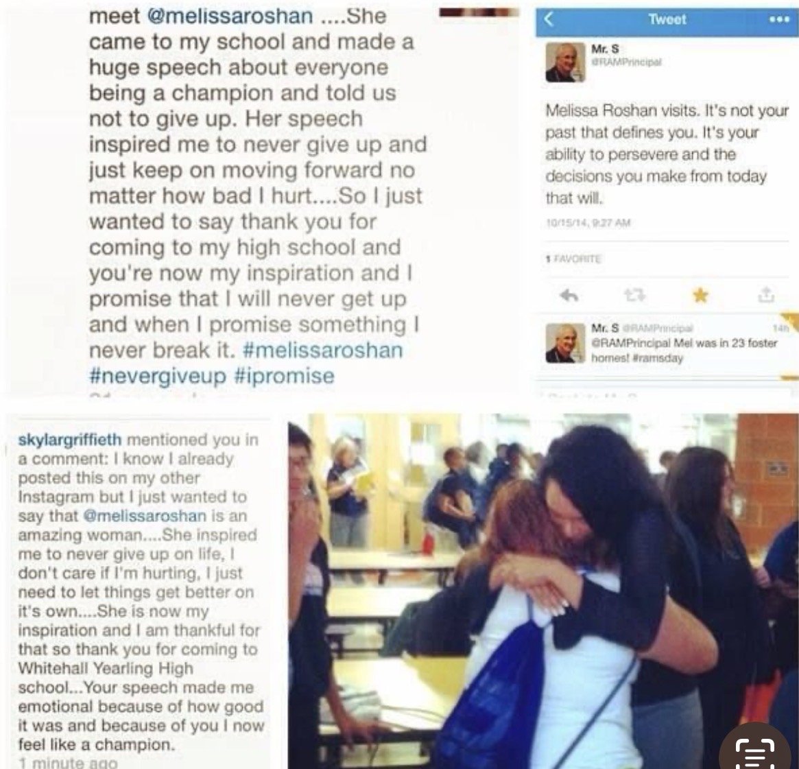 Two women hugging in a busy hallway or cafeteria surrounded by other people and students.