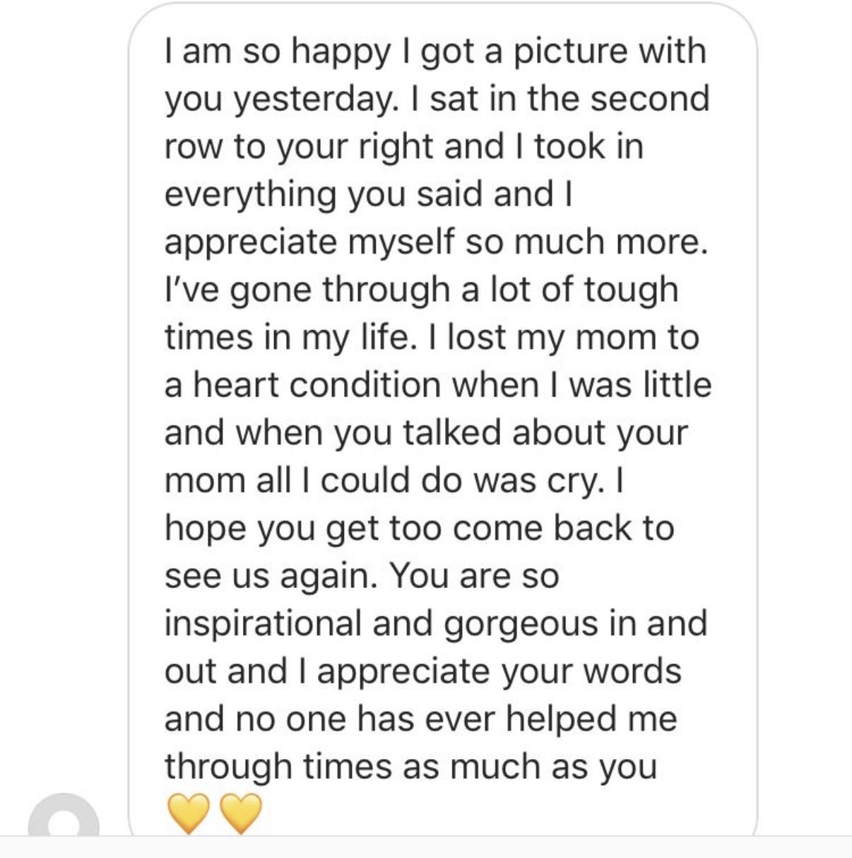 A screenshot of a heartfelt message expressing happiness about a recent picture and appreciation for someone's words and support, mentioning personal hardships and emotional struggles.