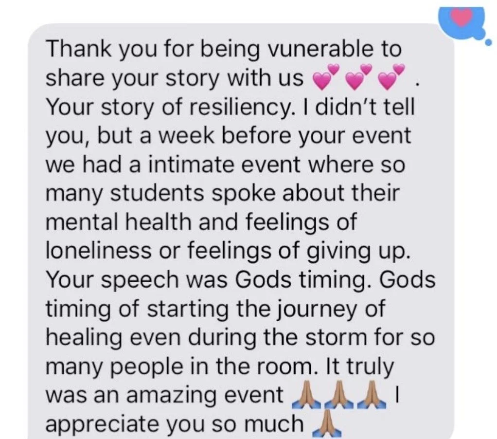 Screenshot of a thank you message with text expressing gratitude for sharing a story, mentioning resilience, an intimate event discussing mental health, and gratitude, with praying hands emojis at the end and a small blue heart with pink hearts in the top right.