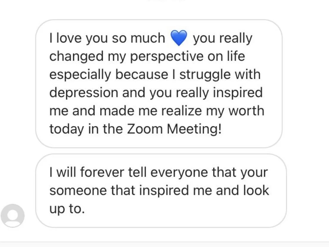 Screenshot of a heartfelt message in two speech bubbles expressing love, gratitude, and inspiration, with a blue heart emoji in the first message.
