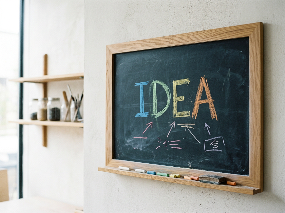 Colorful chalk writing on a blackboard spells out "IDEA" with arrows and sketches below in a bright room.