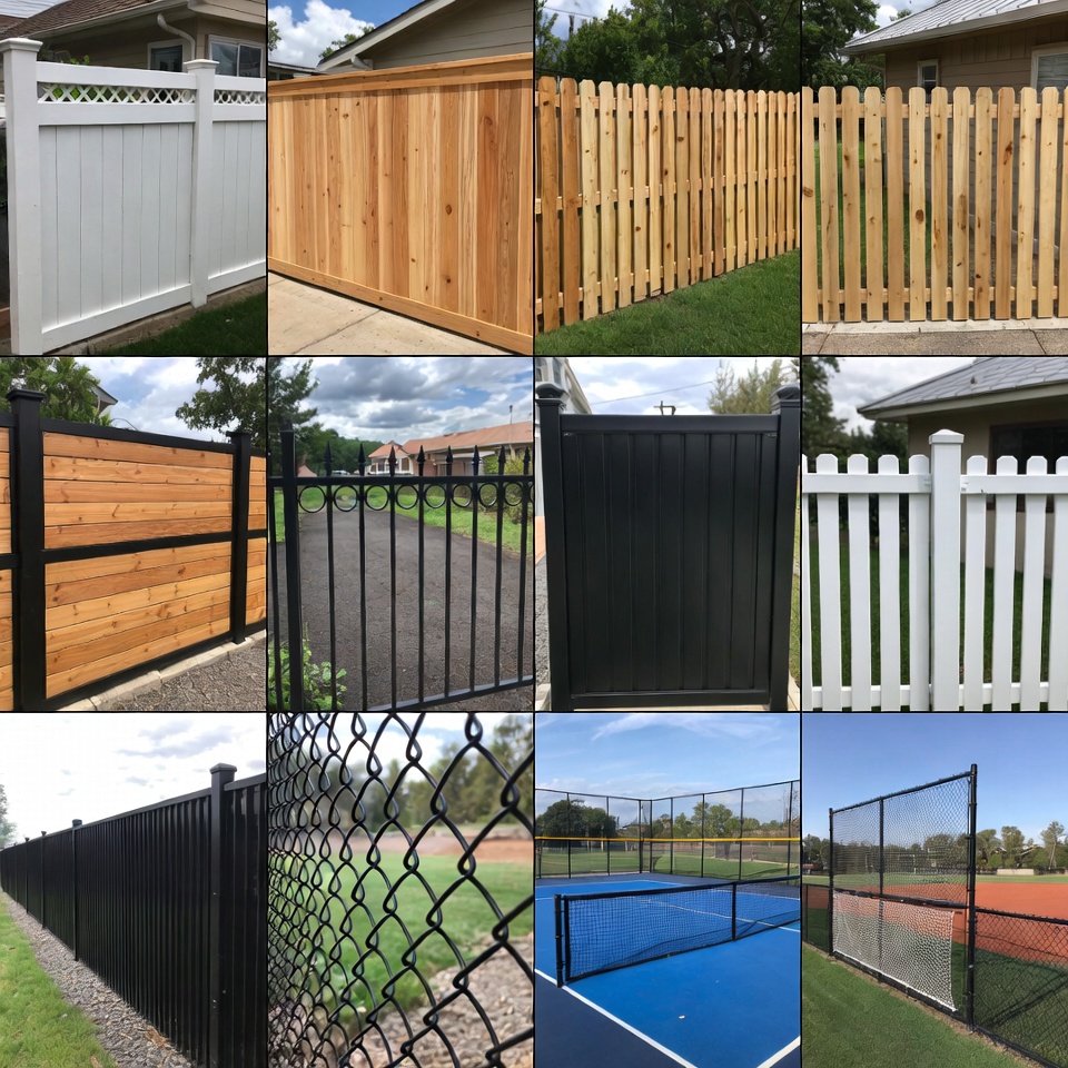Matrix of fence options: white vinyl, 6-foot tall cedar privacy, 6-foot tall cedar shadow-box, cedar with black steel frame, decorative black aluminum, black vinyl, black aluminum, and chain-link