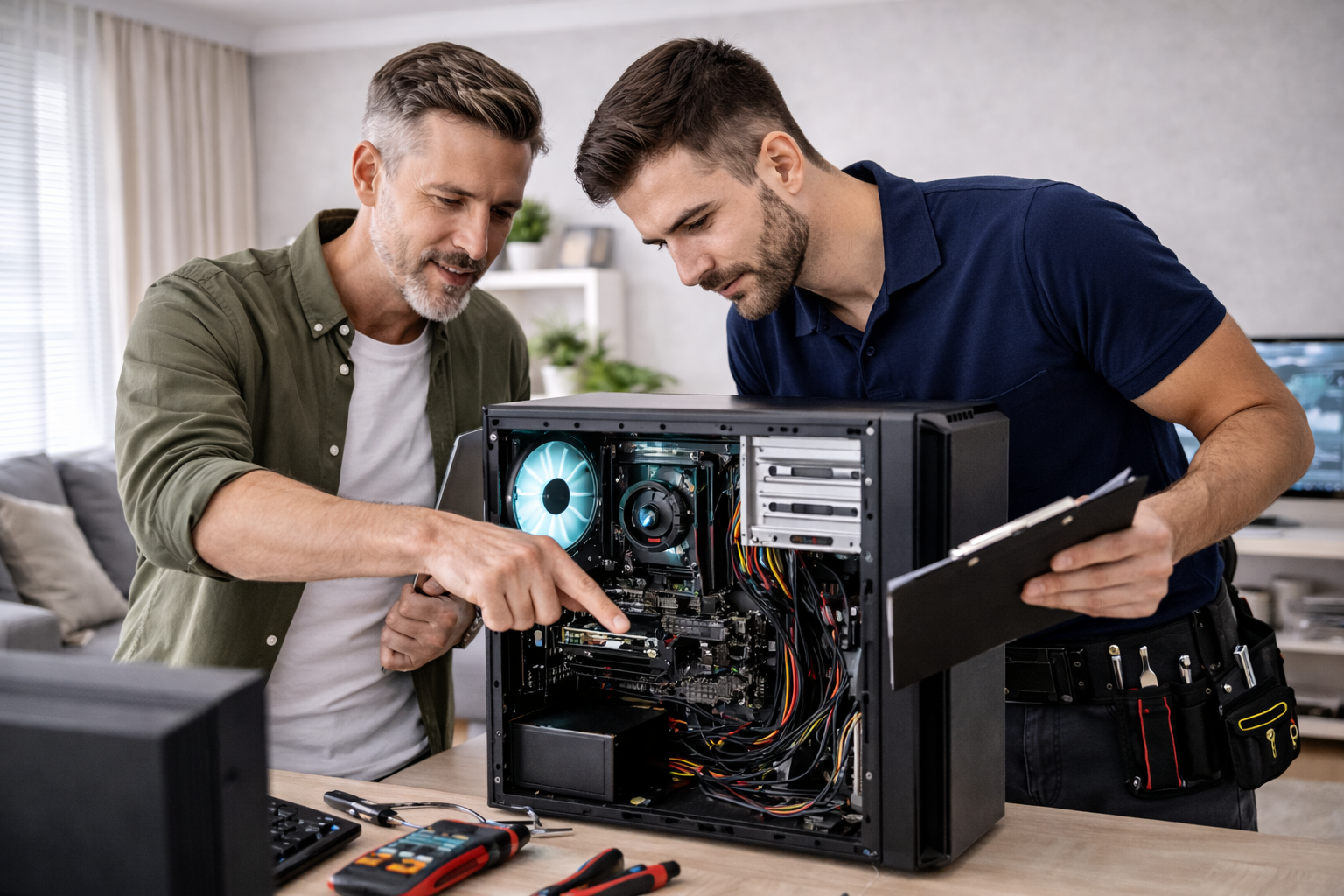 Two men working on repairing or building a desktop computer in a home office, with various tools and a clipboard on the table.