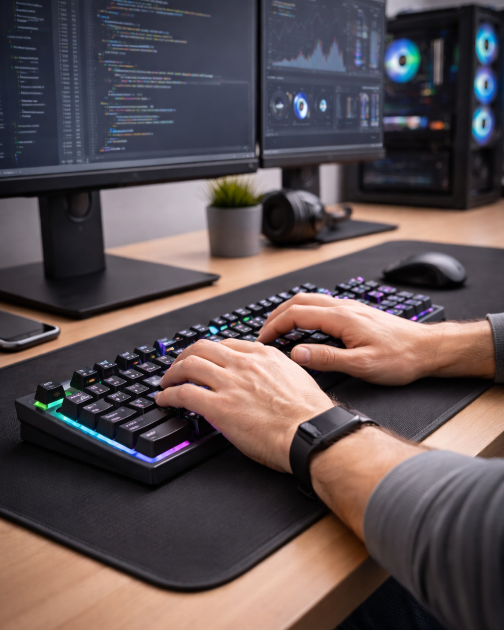 Person working at a desk with a mechanical keyboard with RGB backlighting, dual monitors displaying code and color grading software, a smartphone, a mouse, a small potted plant, and headphones on a wooden desk.