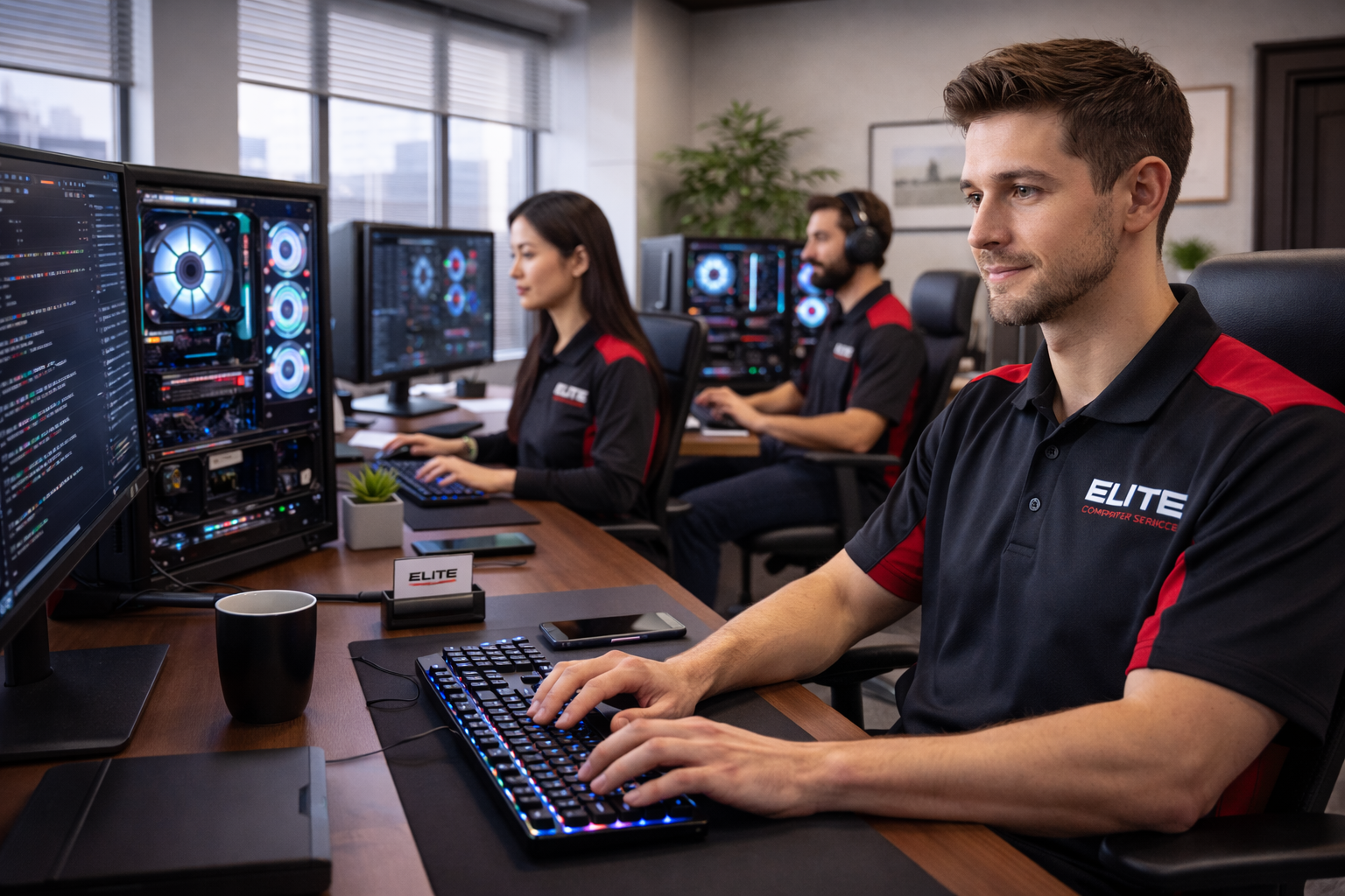 Employees working at computers in an office, with multiple monitors showing digital graphics and code, wearing black and red uniforms with 'ELITE' logo.