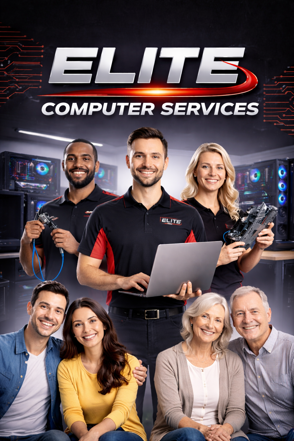 A group of smiling computer repair technicians and happy customers in a tech repair shop, with the shop's logo 'Elite Computer Services' displayed at the top.