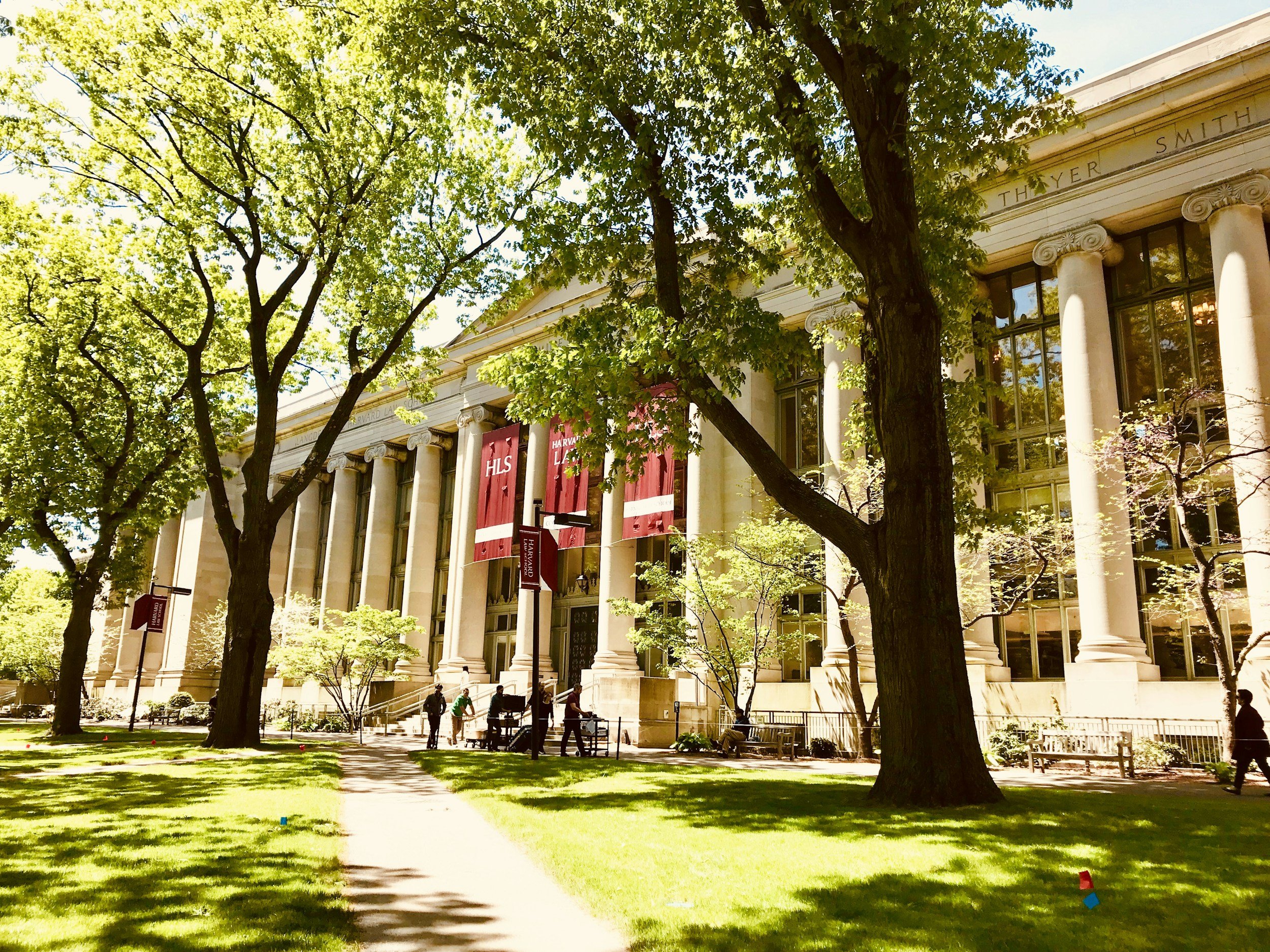 Harvard Law School building with large columns, red banners, and a pathway surrounded by trees and green grass.