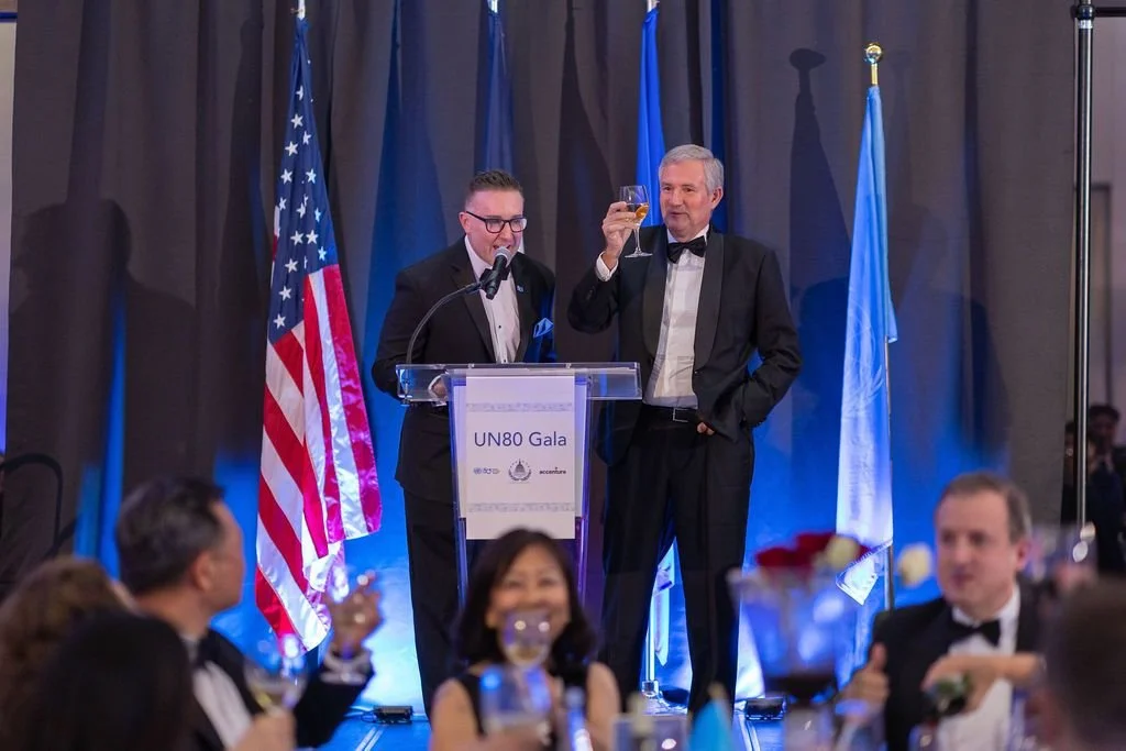 Aaron Poynton with French Ambassador at the UNs 80th Gala.