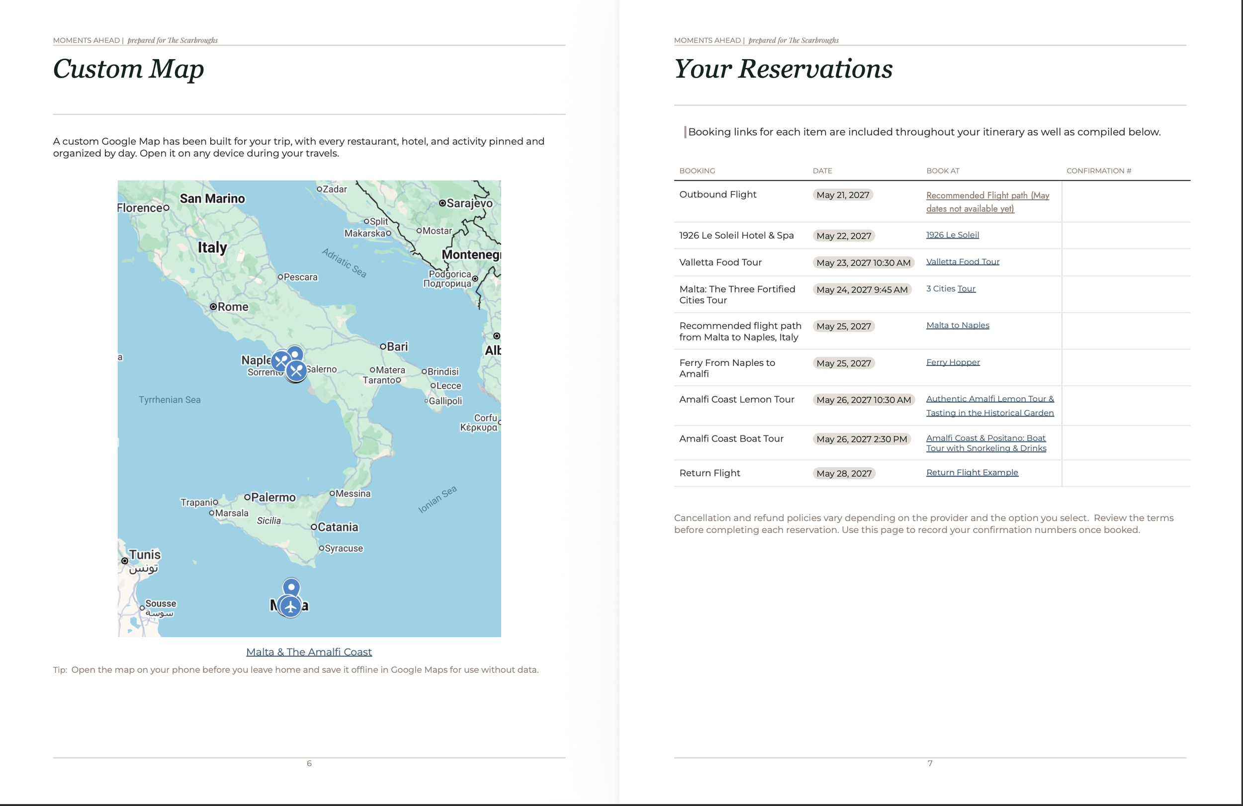 Moments Ahead itinerary reservations page