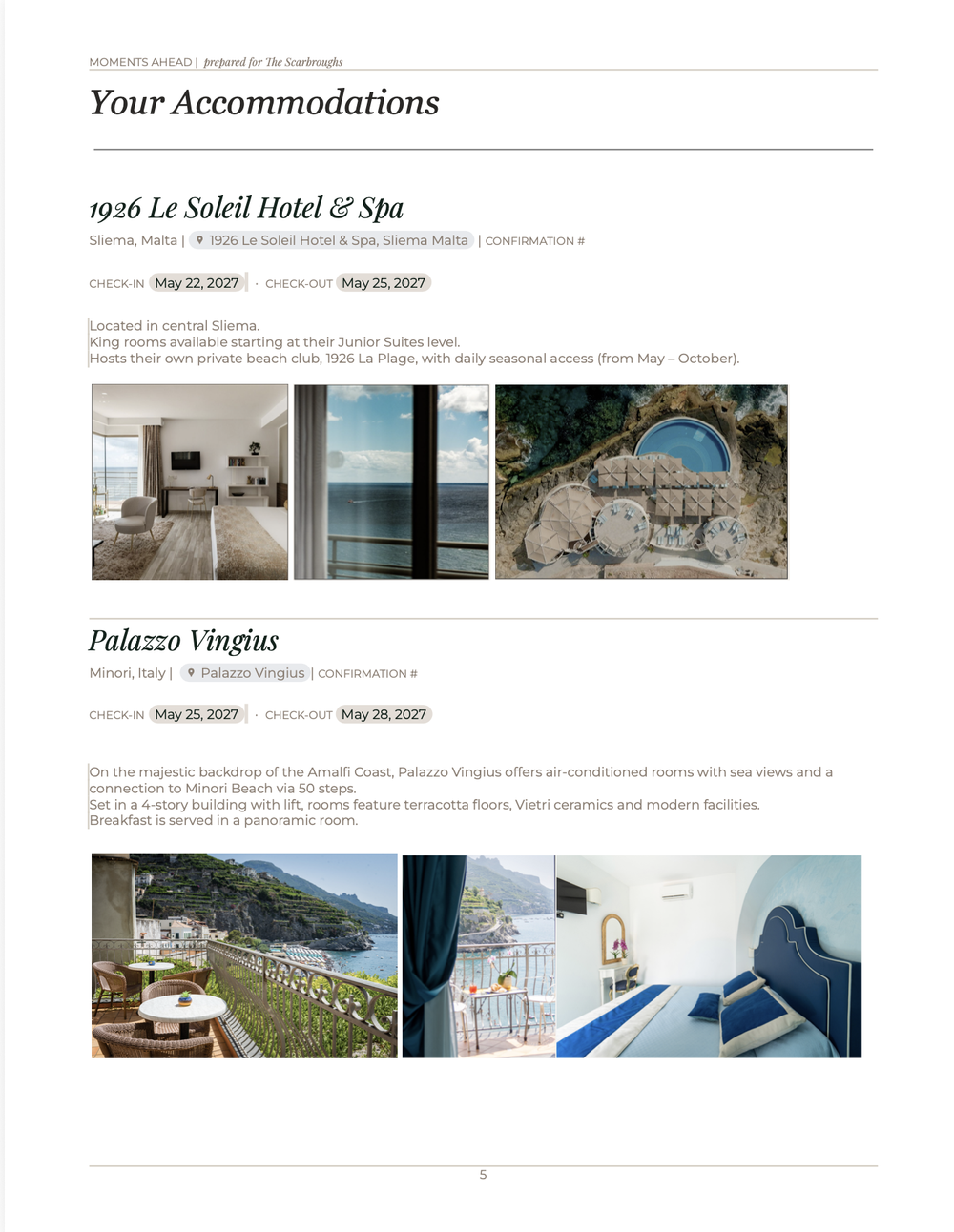 Moments Ahead itinerary accommodations page