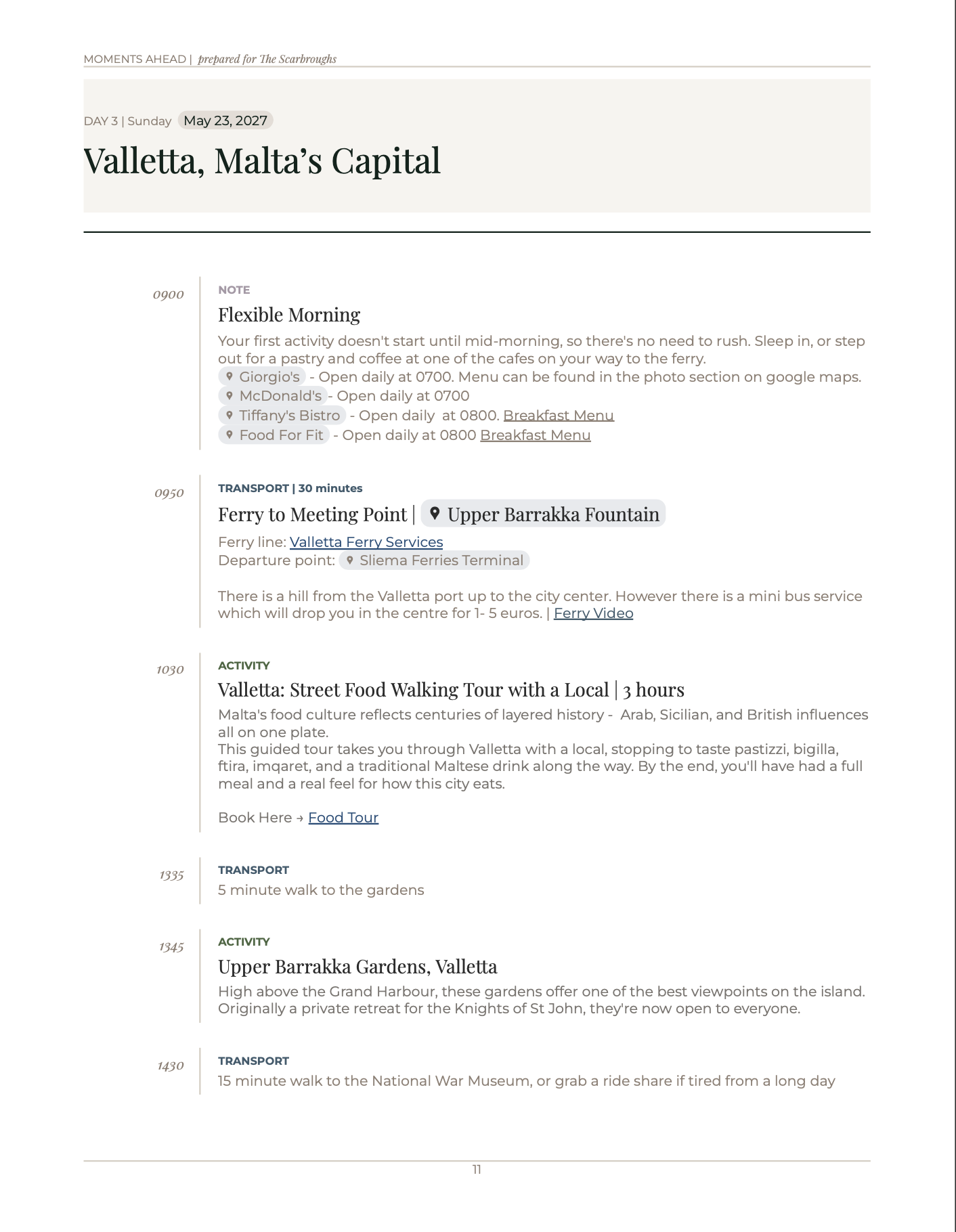 Moments Ahead itinerary day by day page