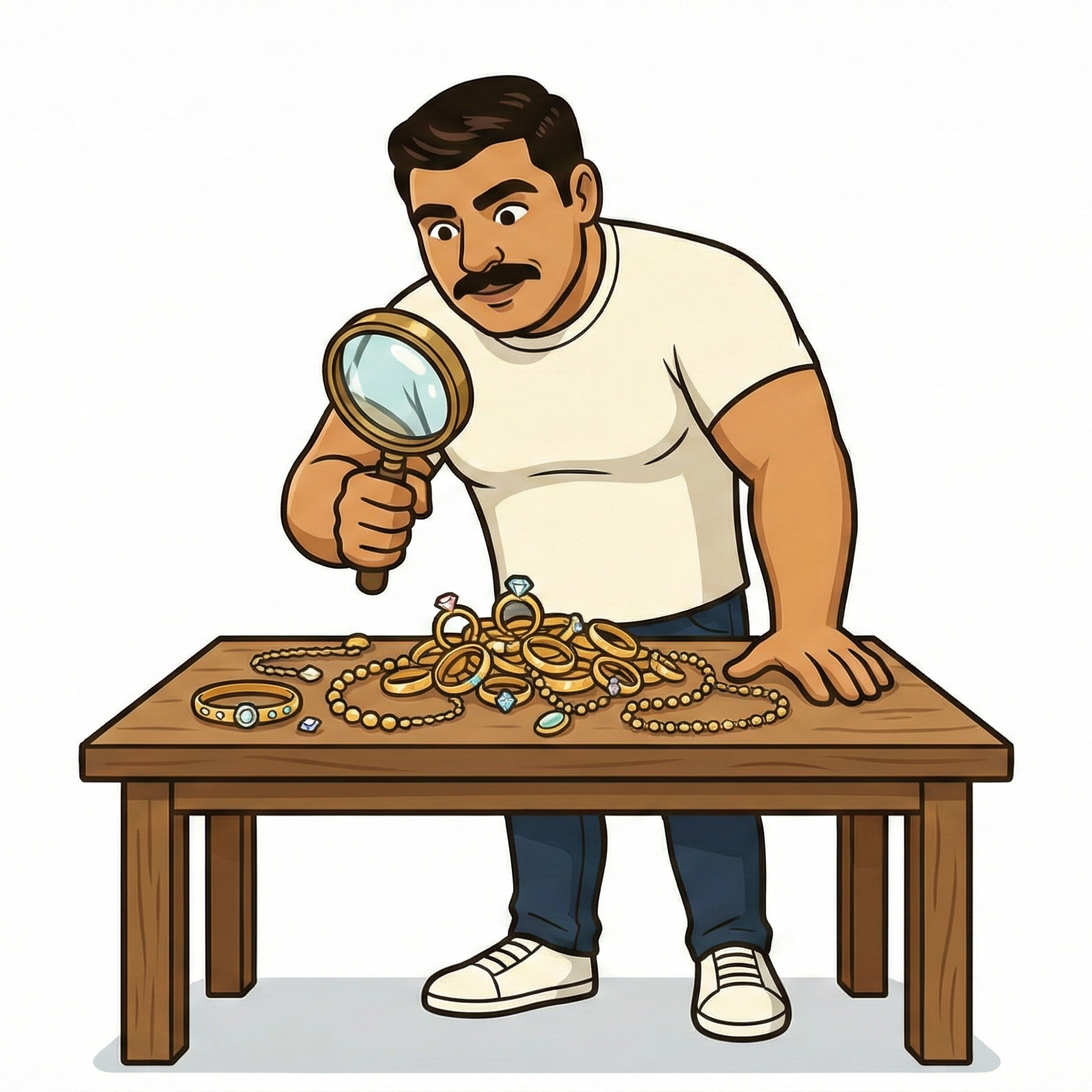 Cartoon Mr Gold man examining gold jewelry with a magnifying glass on a table.