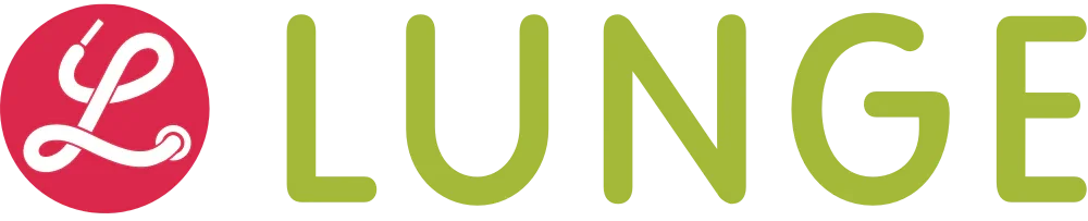 Logo mit rotem Kreis und weißen geschwungenen Buchstaben neben dem Wort 'LUNGE' in grüner Schrift.