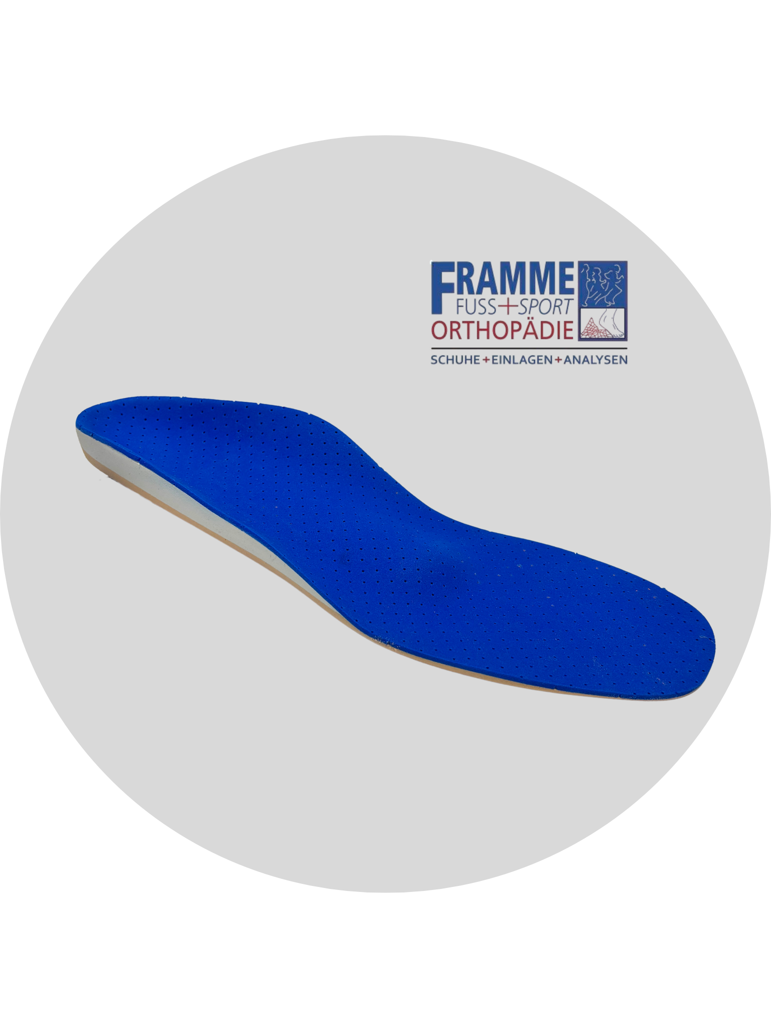 Orthopädischer Schuhsohlenersatz in Blau mit Logos und Text auf grauem Hintergrund.