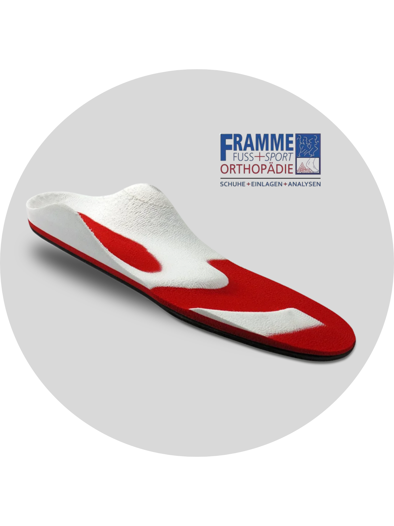 Orthopädisches Fußbett in weiß und rot mit Logo der Firma Framme, die Schuhe, Einlagen und Analysen anbietet.