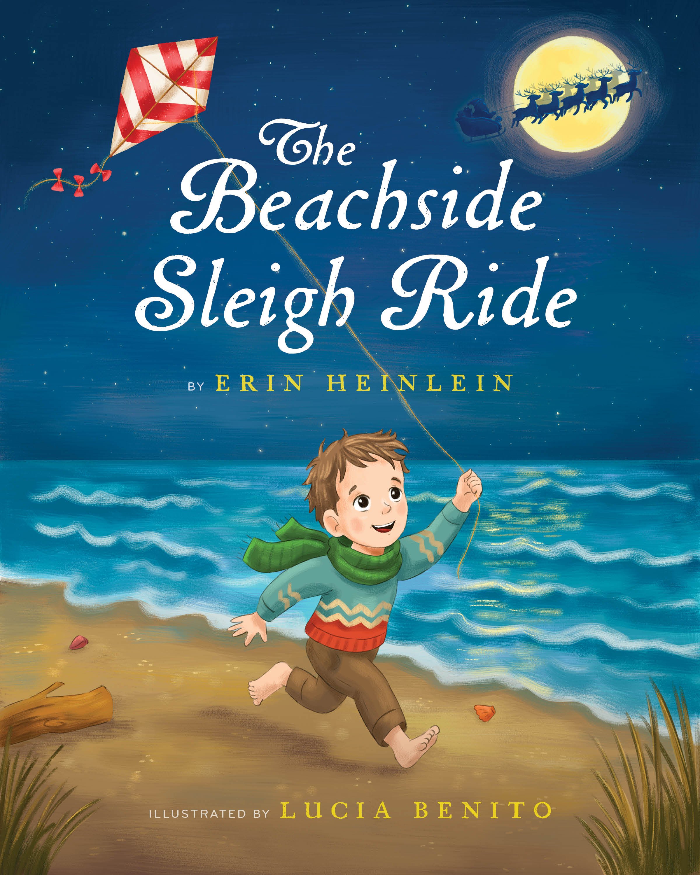 Children playing with a kite on the beach at night with a full moon and Santa flying in his sleigh in the sky.