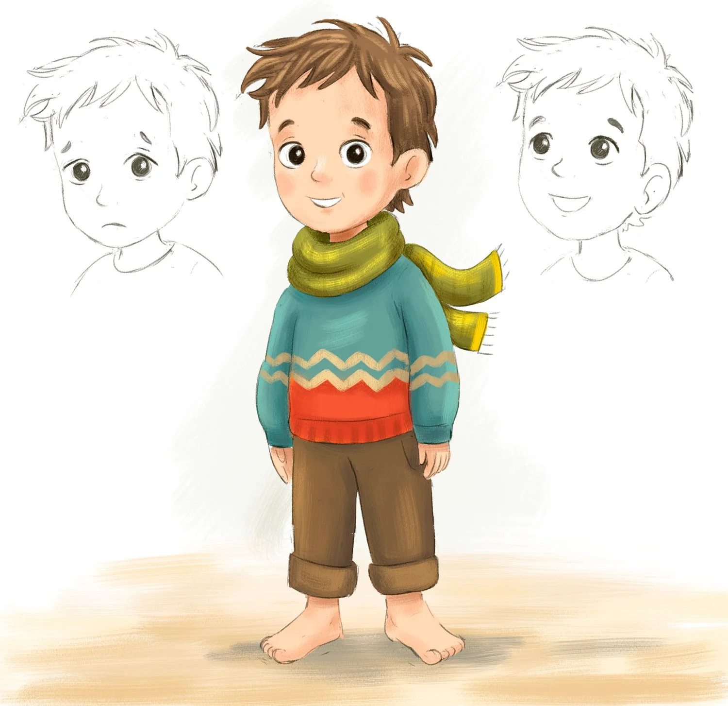 Colored digital illustration of a young boy with brown hair, big brown eyes, wearing a colorful sweater with waves pattern, rolled-up brown pants, barefoot, and a yellow and green striped scarf. Two grayscale sketches of the same boy in different expressions are in the background.