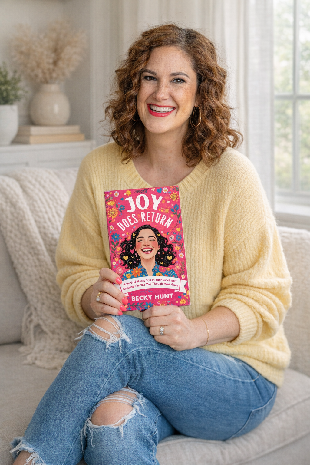 Becky Hunt smiling on a couch while holding her book Joy Does Return, representing hope and encouragement for grieving mothers after child loss