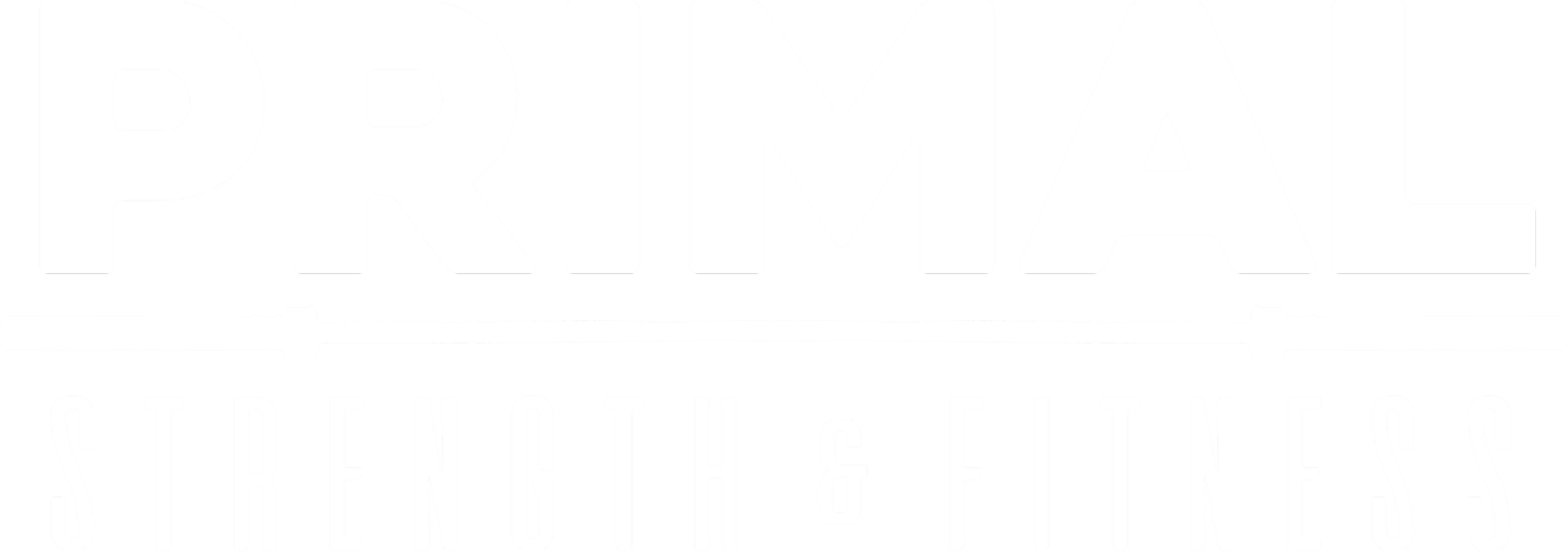 Black and white logo for Primal Strength & Fitness featuring the words 'PRIMAL' in large letters with a barbell underneath, and 'STRENGTH & FITNESS' in smaller font below.