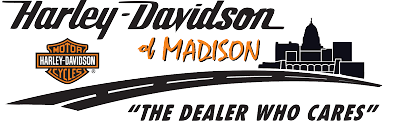 Harley-Davidson of Madison dealership sign with cityscape outline and tagline 'The Dealer Who Cares'
