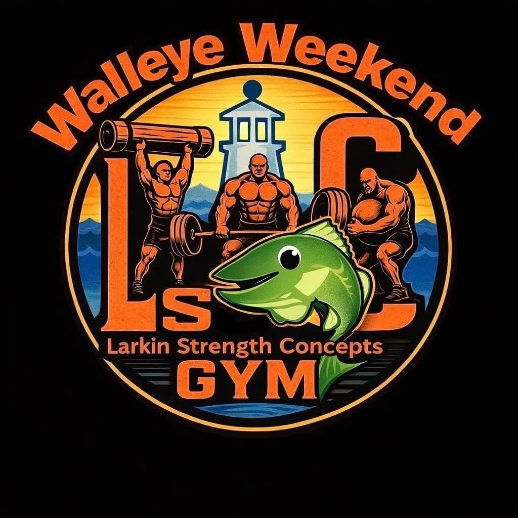 Logo for Walley Weekend Larkin Strength Concepts Gym featuring three muscular men lifting weights, a lighthouse in the background, a cartoon fish, and text in orange and black.