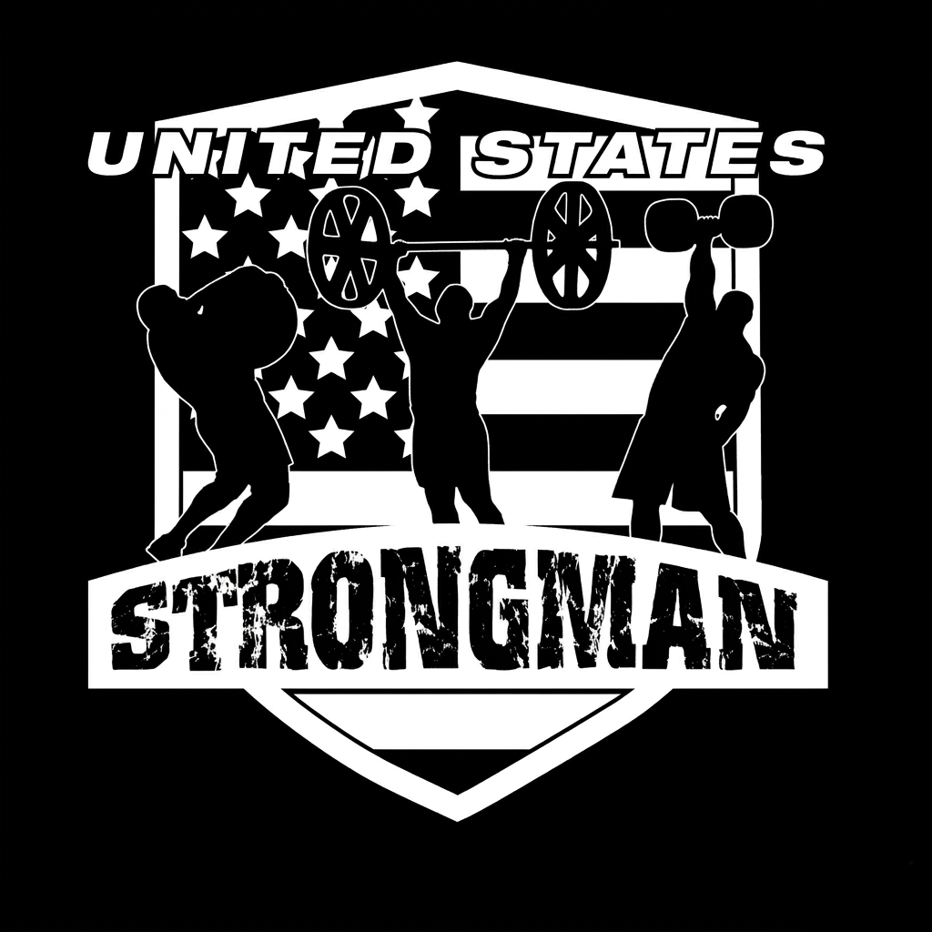 Silhouettes of three people lifting weights in front of a patriotic American flag background with text 'United States Strongman'.