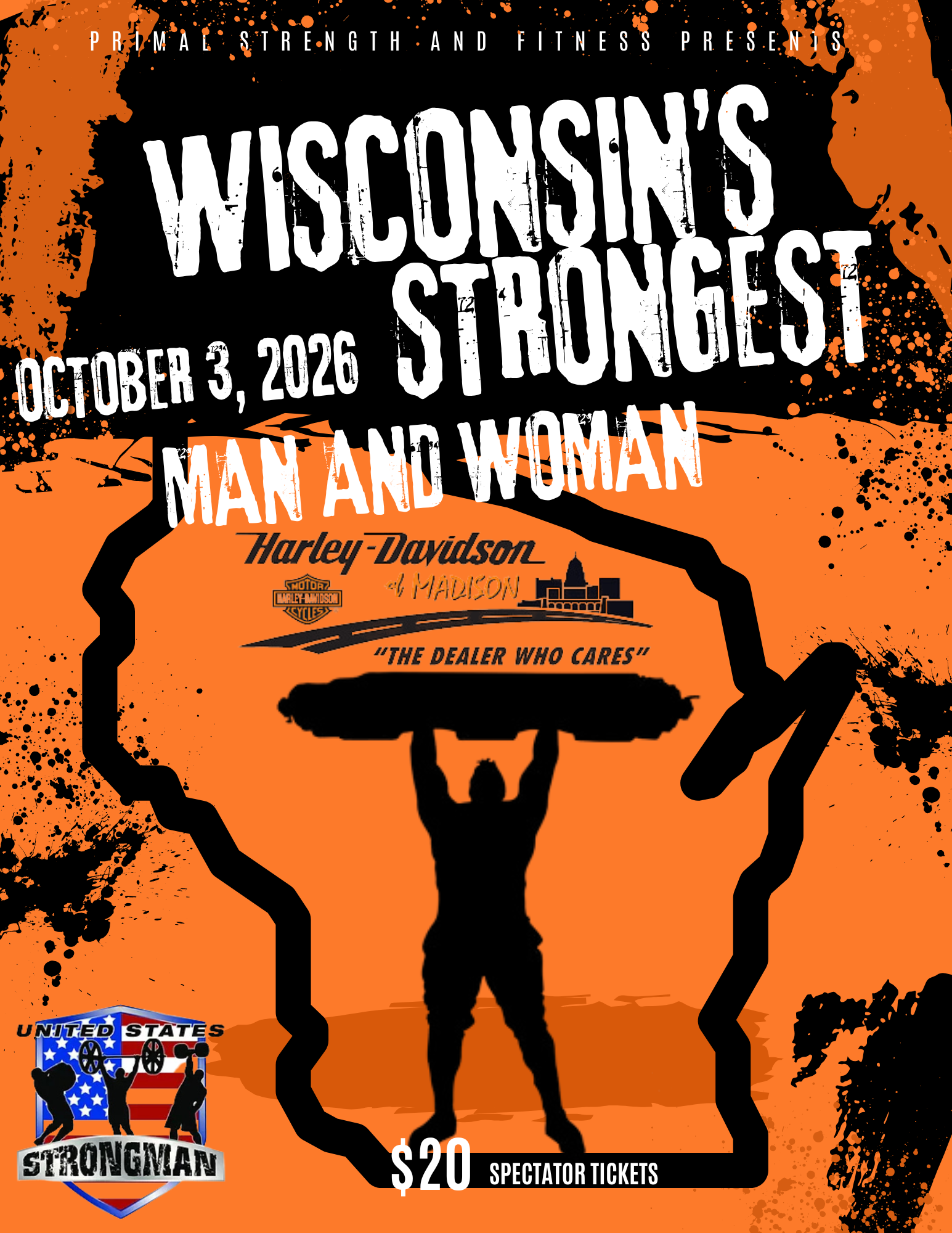 Event poster for 'Visions' at Madison on October 3, 2026, featuring strongman figures lifting a large skull-shaped weight, with text about ticket prices and sponsorships from Harley-Davidson and United States Strongman, with black, orange, and white color scheme.