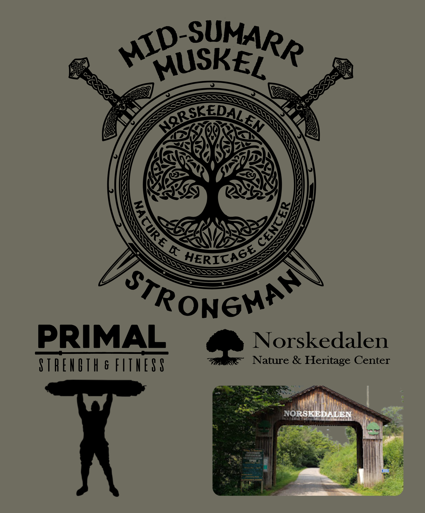 Logo of Norskedalen Nature & Heritage Center featuring a stylized tree within a circular border, with text indicating its location in Norskedalen, Norway, and associated organizations for strength and fitness, and music and heritage.