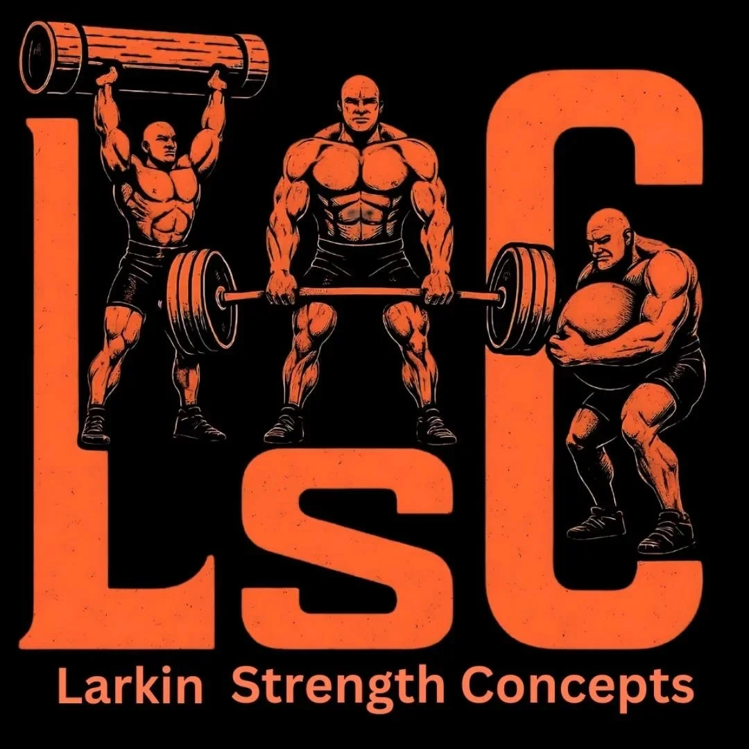 Black background with large orange letters 'L', 'S', and 'C' spelling 'Larkin Strength Concepts'. The letters are partially filled with illustrations of three muscular men lifting weights: one is overhead pressing a barbell, another is holding a barbell at waist level, and the third is squatting with a barbell on his shoulders.