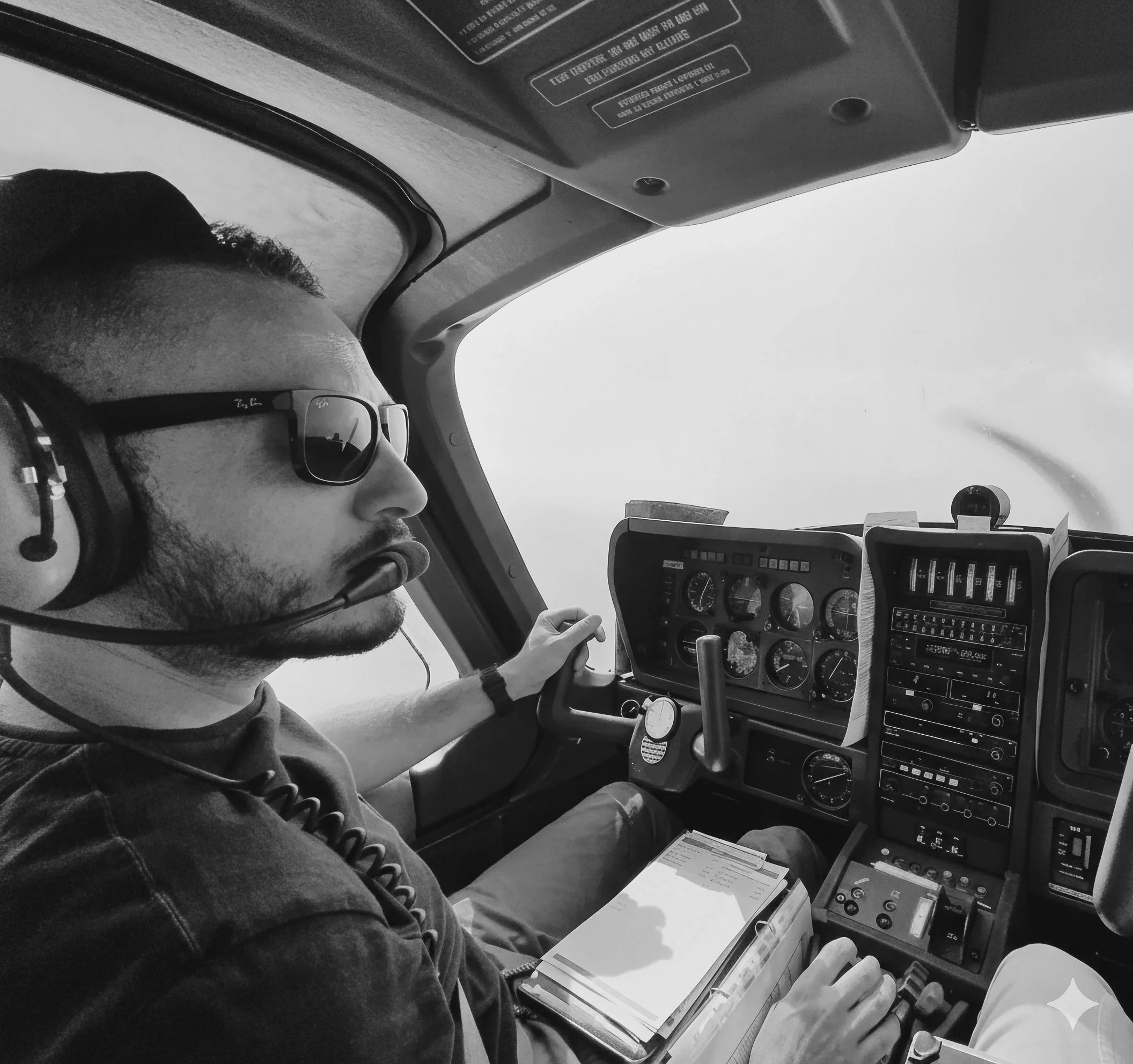 Pilota di aereo con occhiali da sole e cuffie, seduto nel cockpit, con strumenti di volo e pannelli di controllo davanti a lui, mentre tiene il volante e sorvola le nuvole.
